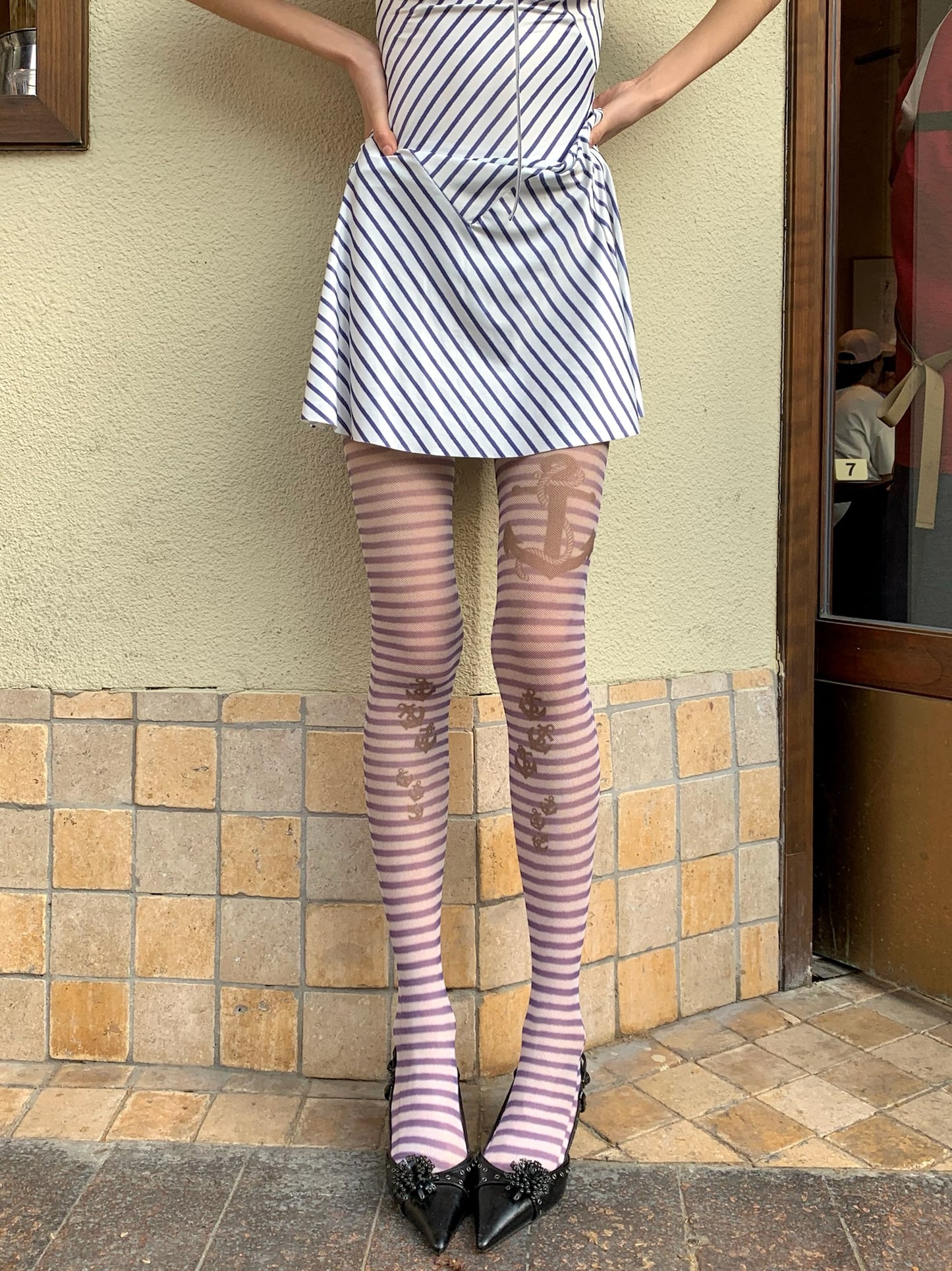 Original design, hard-to-tear striped navy sailor blue style fishnet stockings