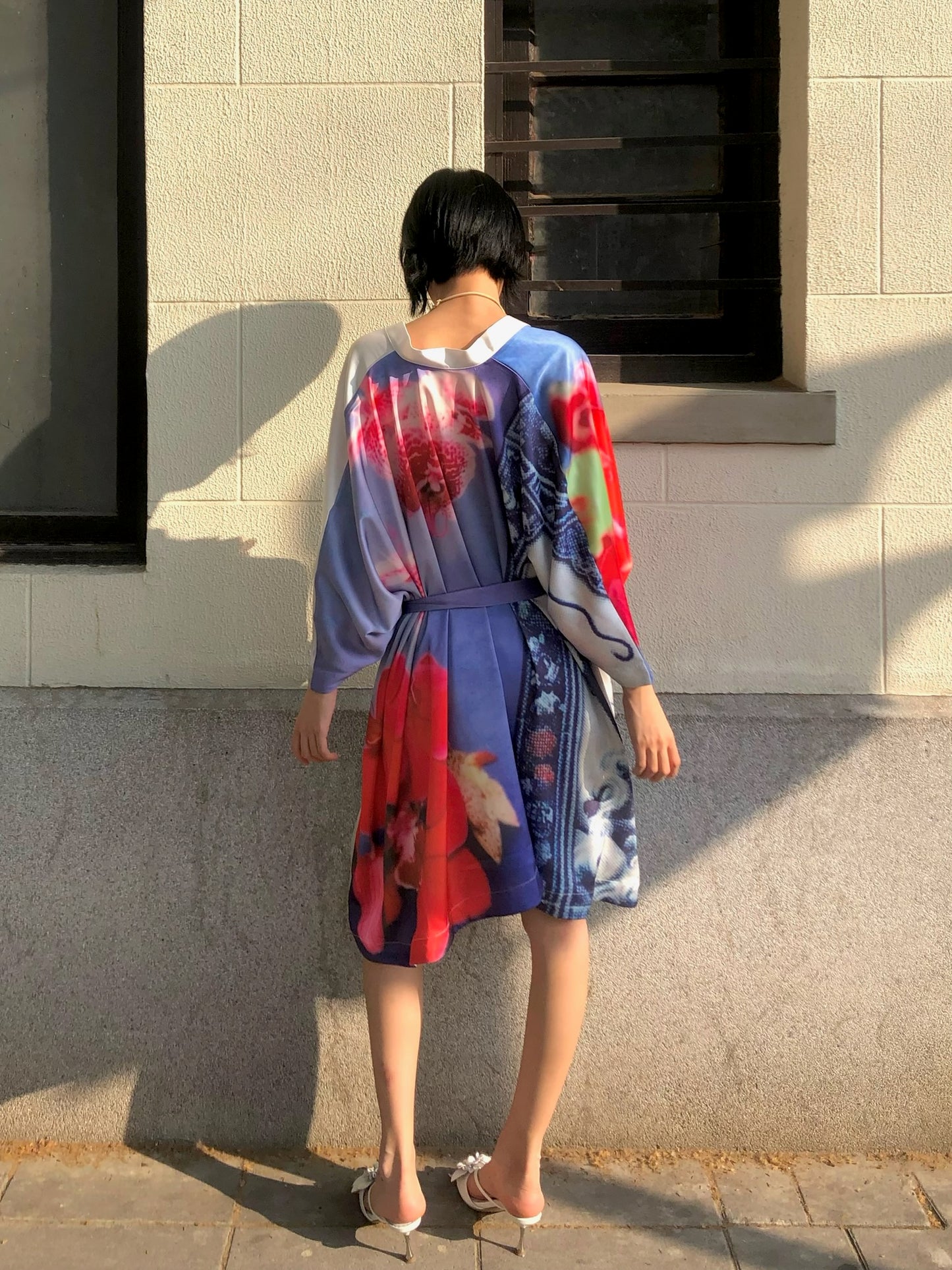 Orchid kimono - Embroidered satin wide sleeves cardigan (with belt)+Top+Skirt