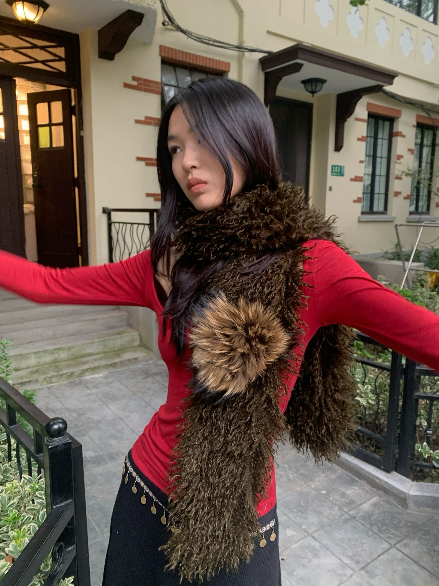 Dark olive green fur scarf