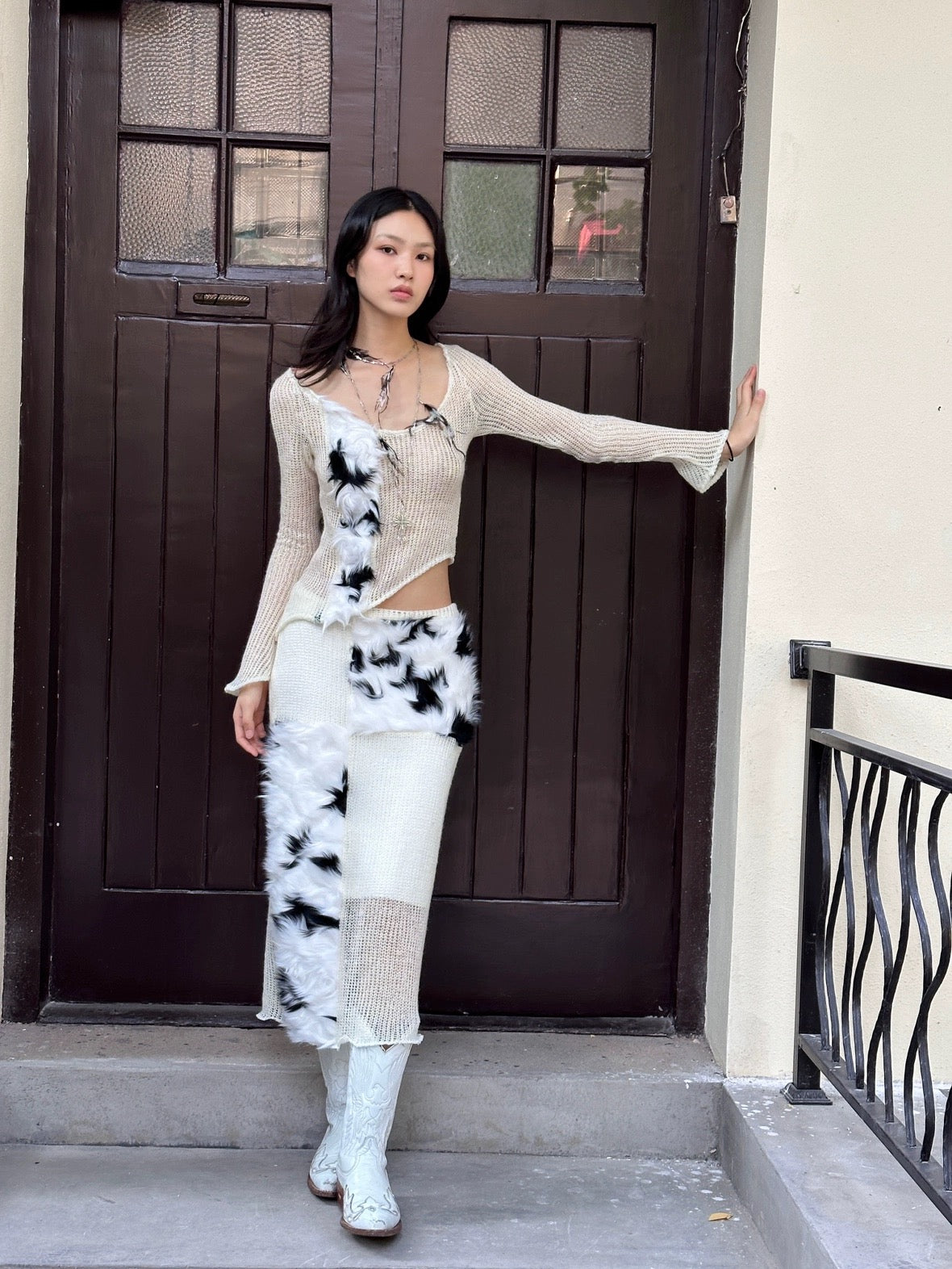 Black and white fur with transparent knit top +skirt set
