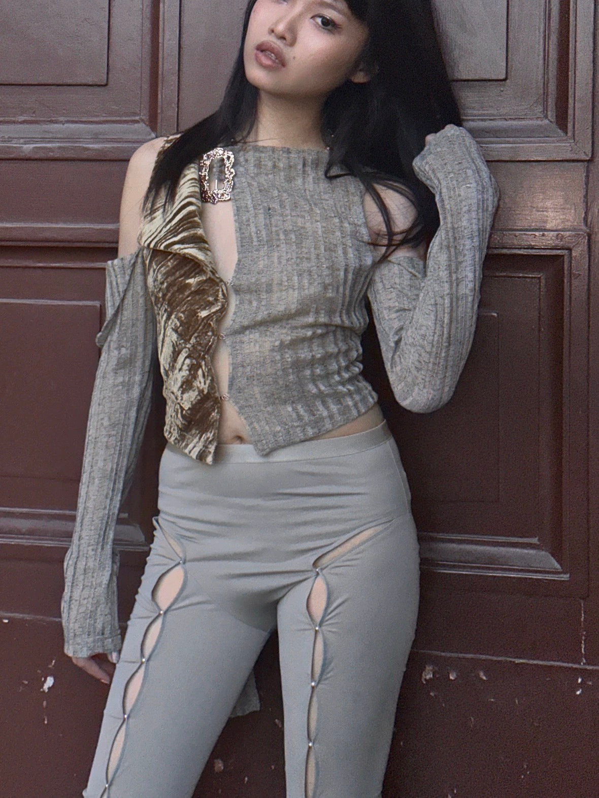 Asymmetric matcha green patched with gold plated velvet top