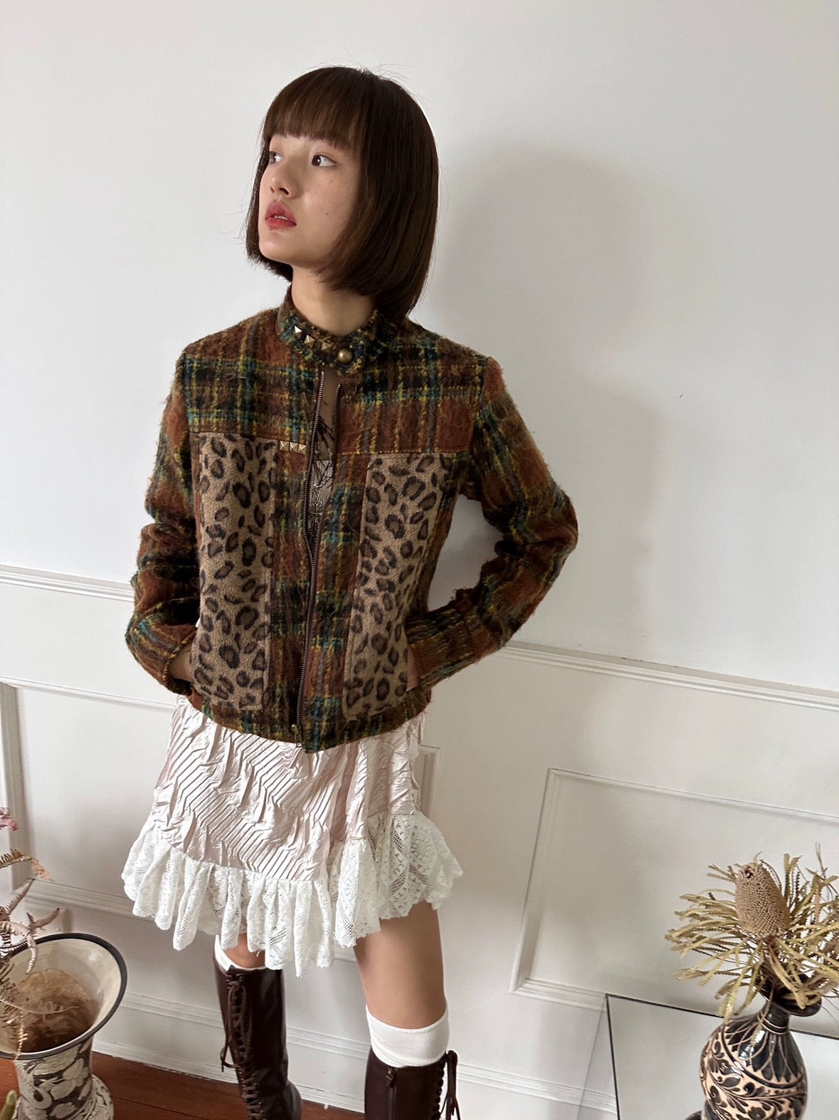 Vintage style plaid patch with leopard print jacket