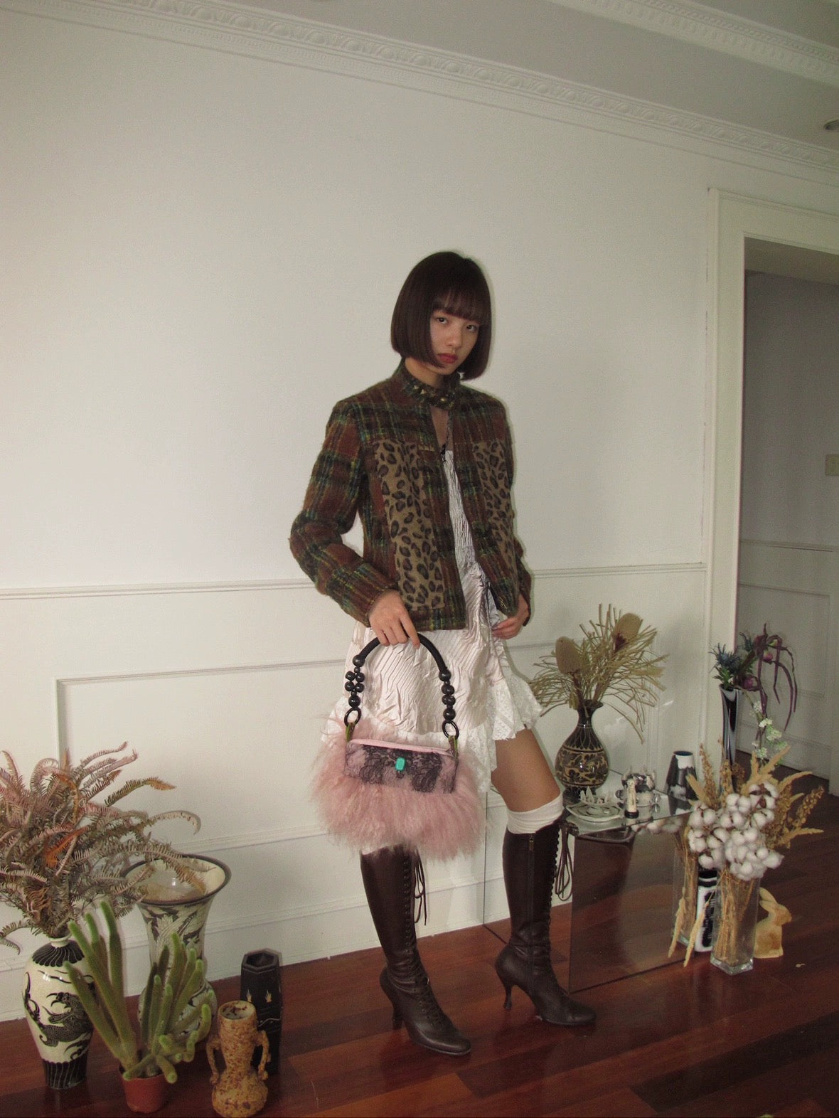 Vintage style plaid patch with leopard print jacket
