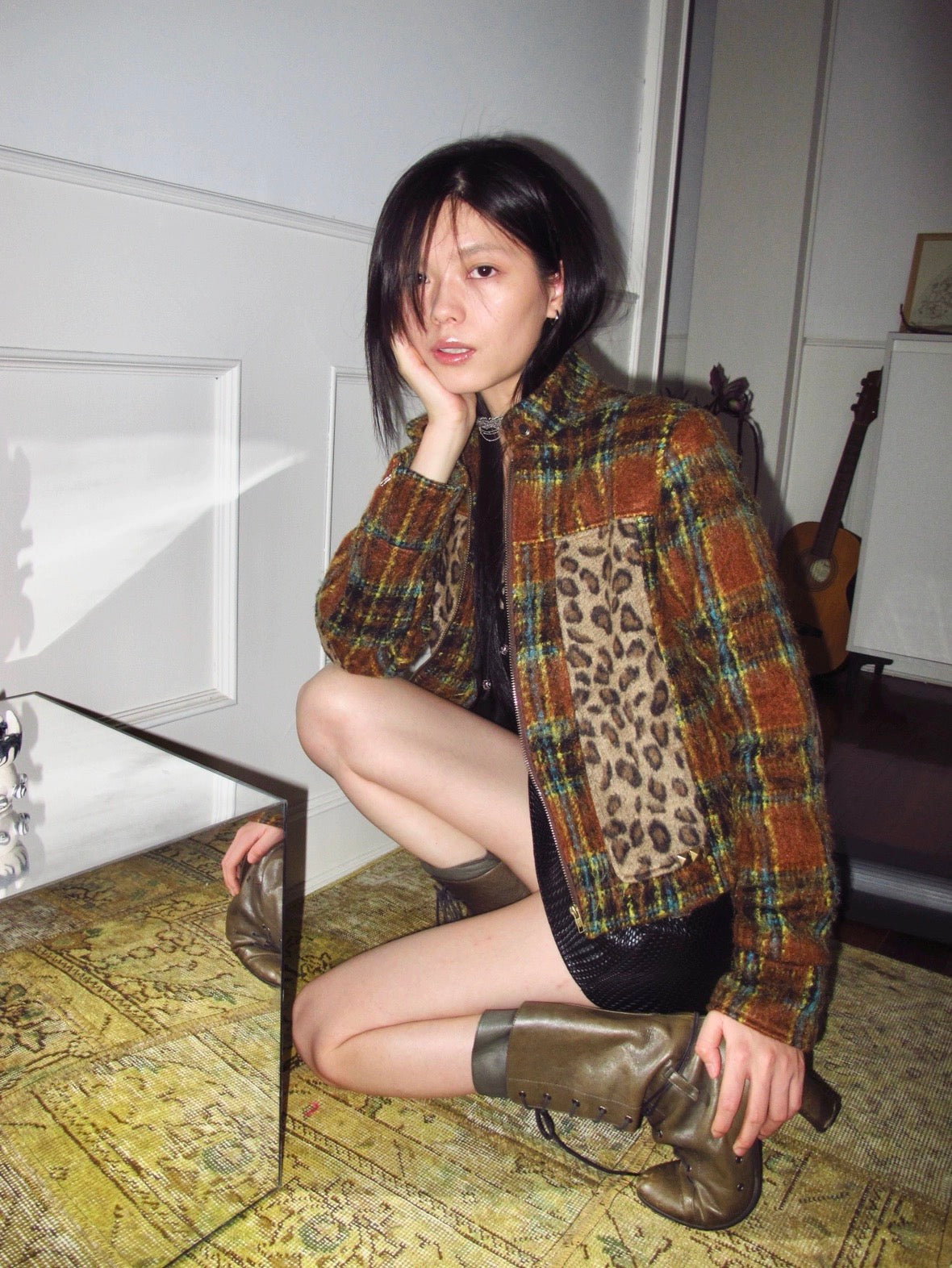 Vintage style plaid patch with leopard print jacket