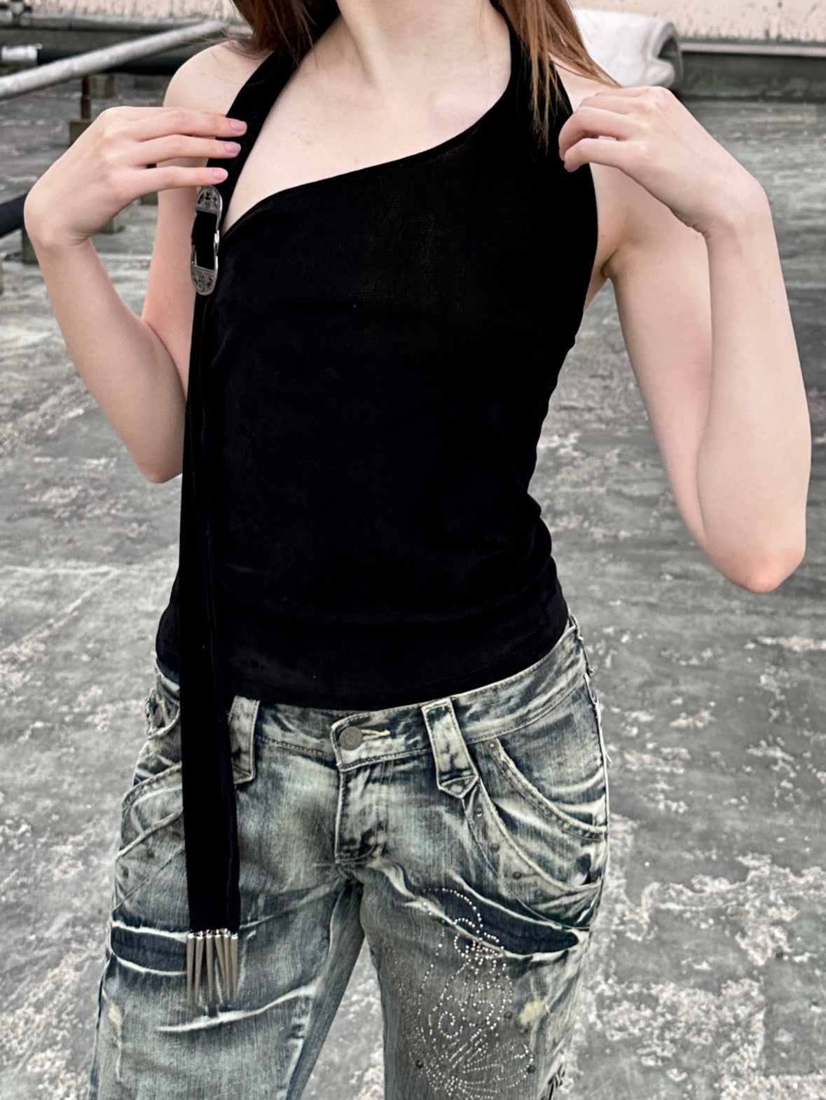 Asymmetrical Black Velvet Top
