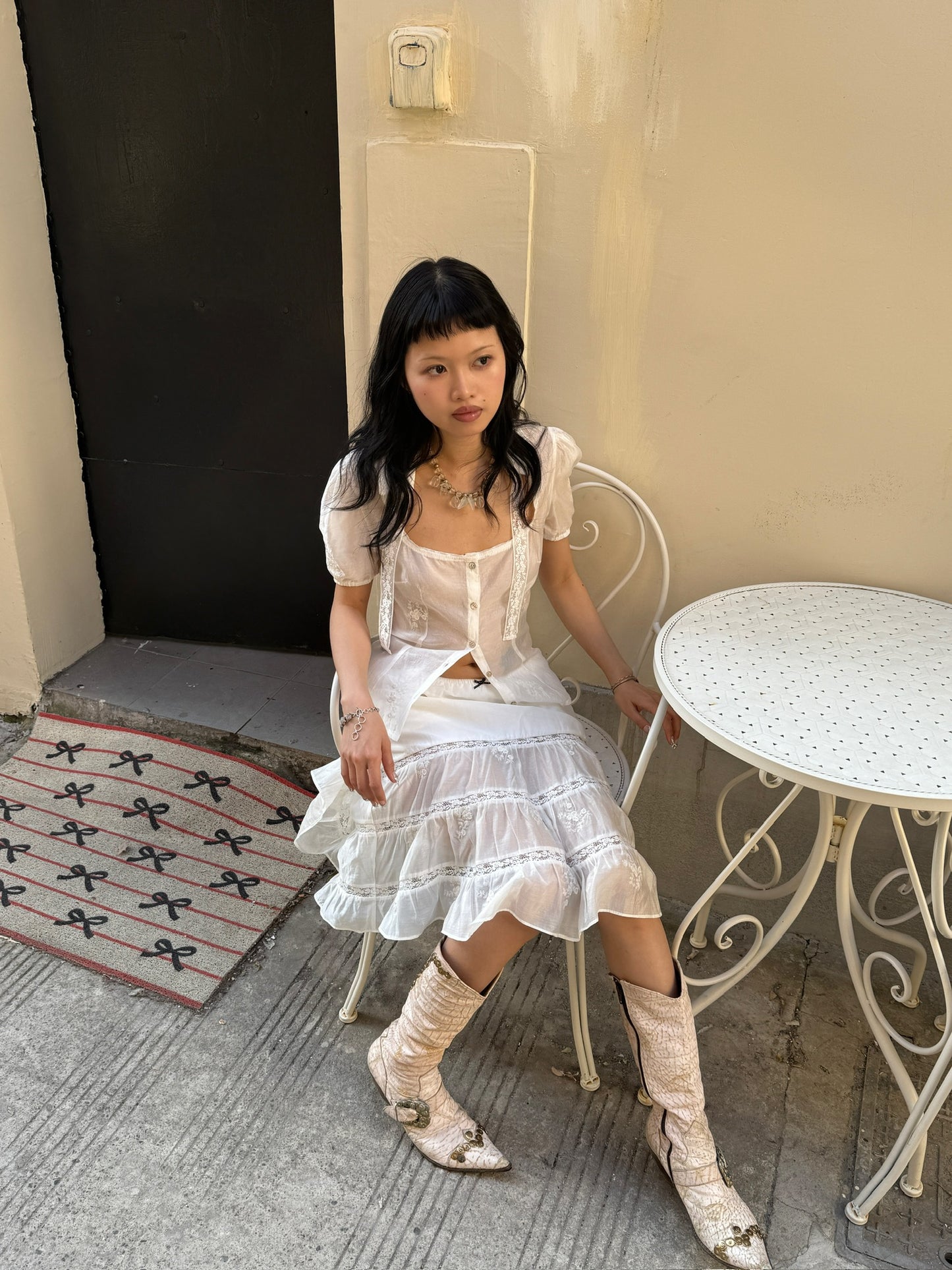 White lace cute Tencel cotton A-line skirt
