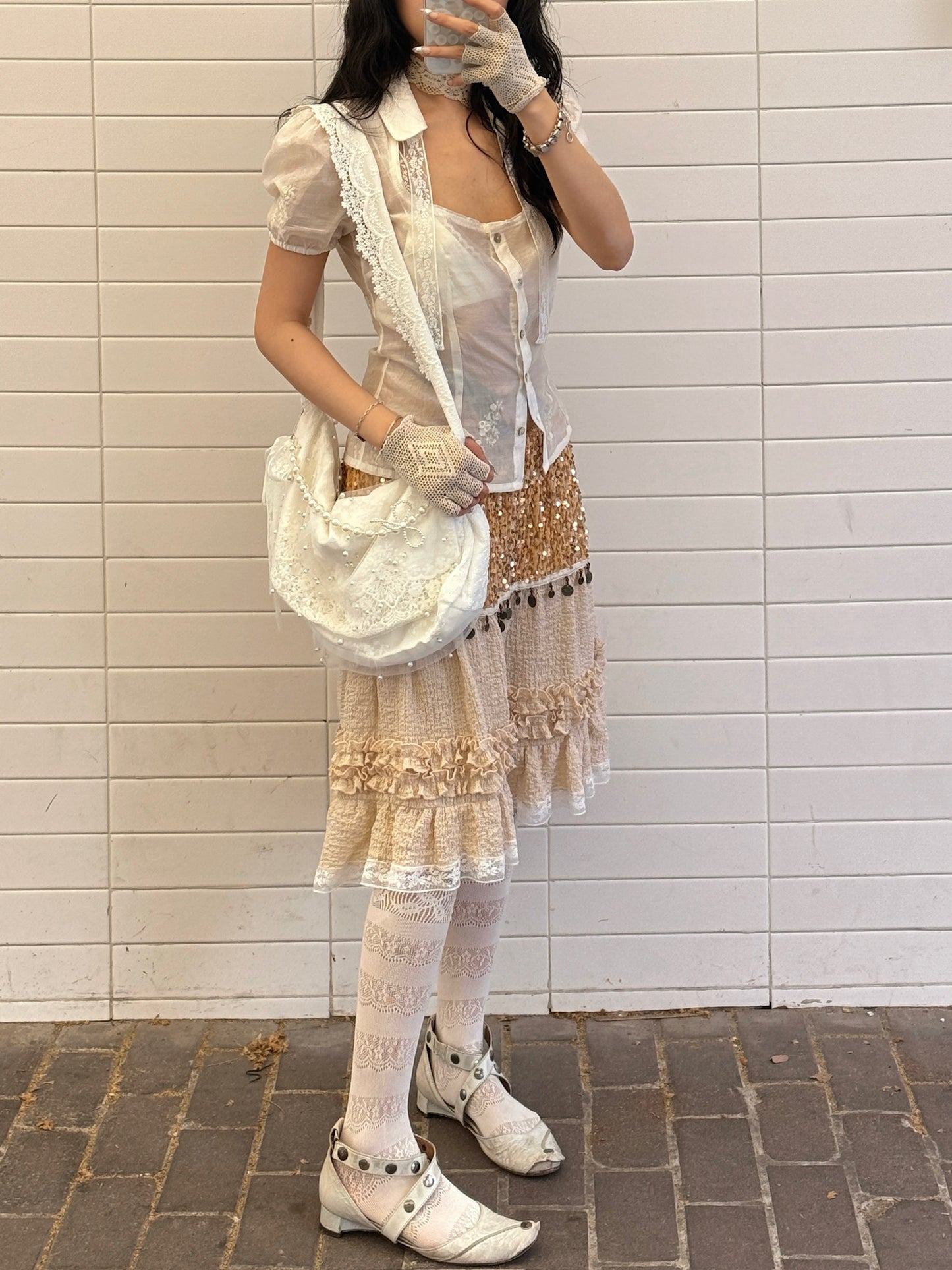 Gold and shiny baby doll skirt with rsequins and lace patchwork