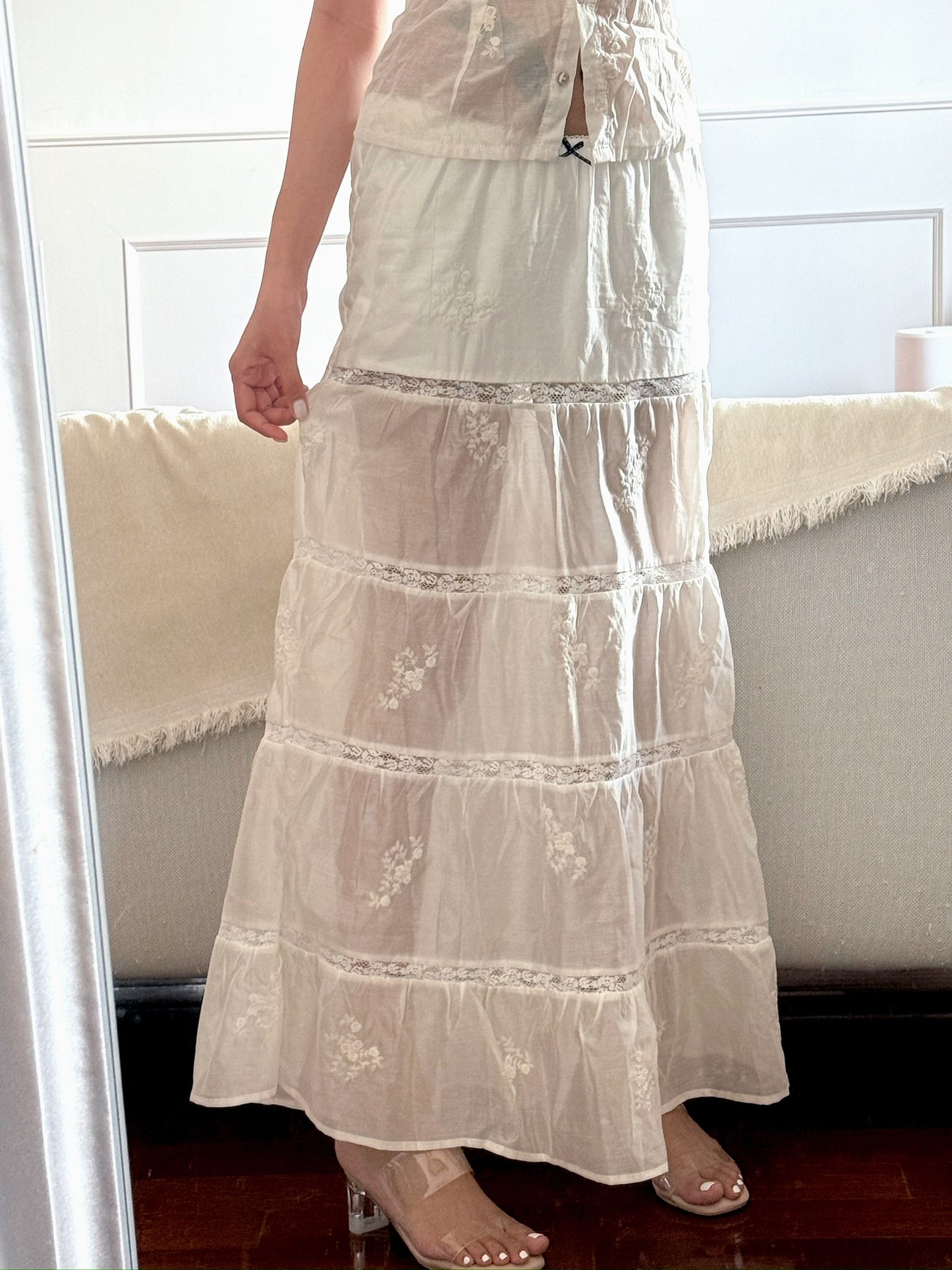 White lace cute Tencel cotton A-line skirt longer version