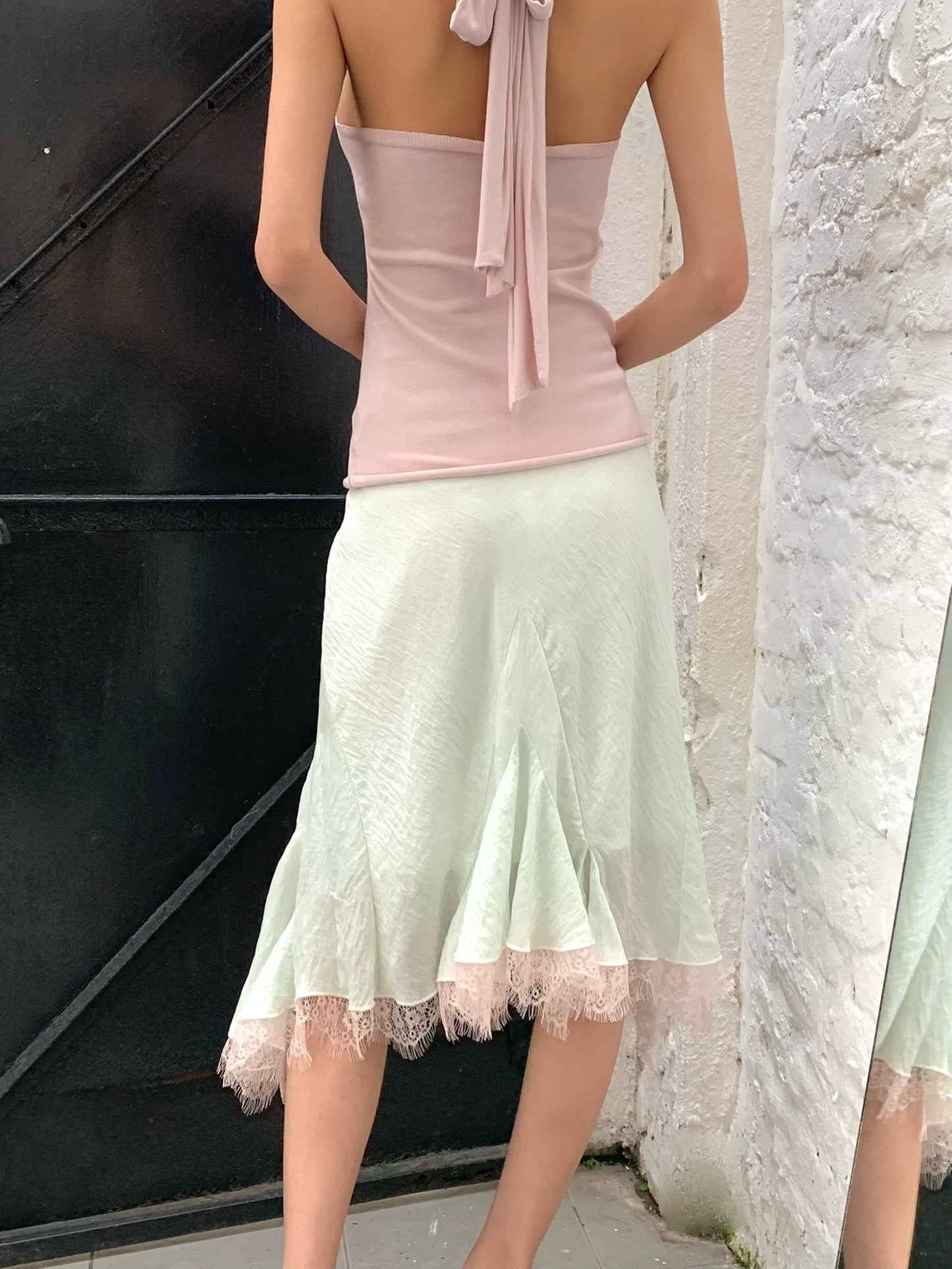 Mint green patched light pink lace flared chiffon skirt with a flowing hem