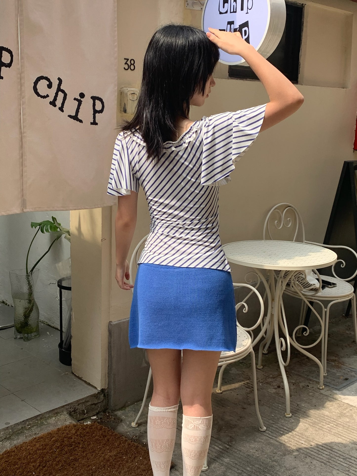Navy style short-sleeved stretch top