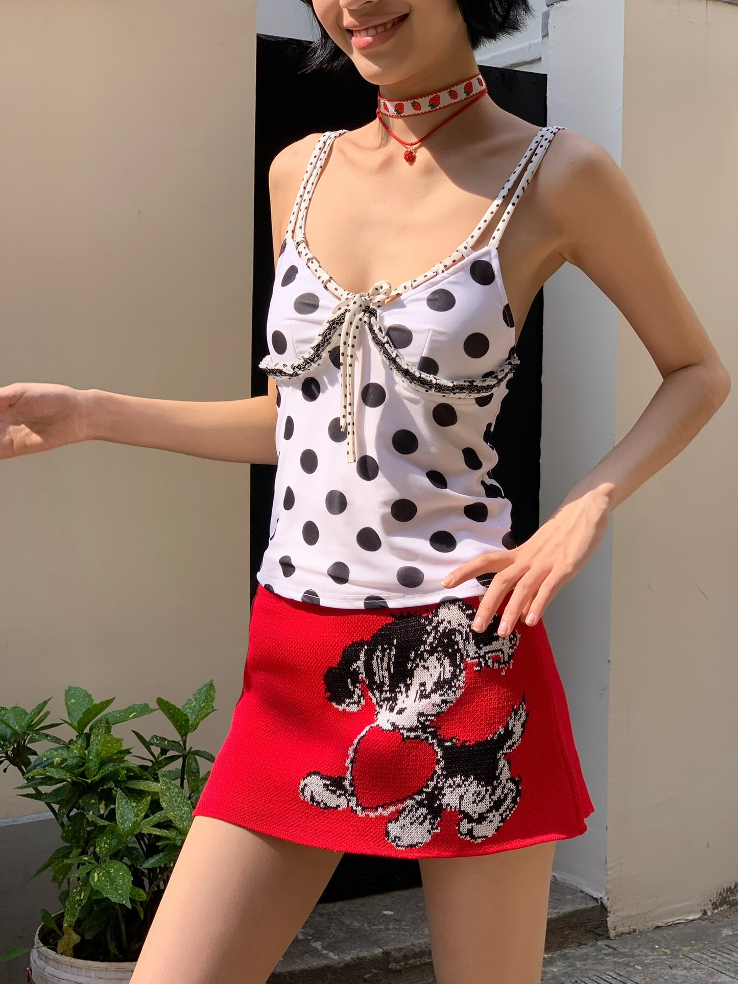 Doggie Red Elastic Knitted skirt With Safety Pant Inside as lining