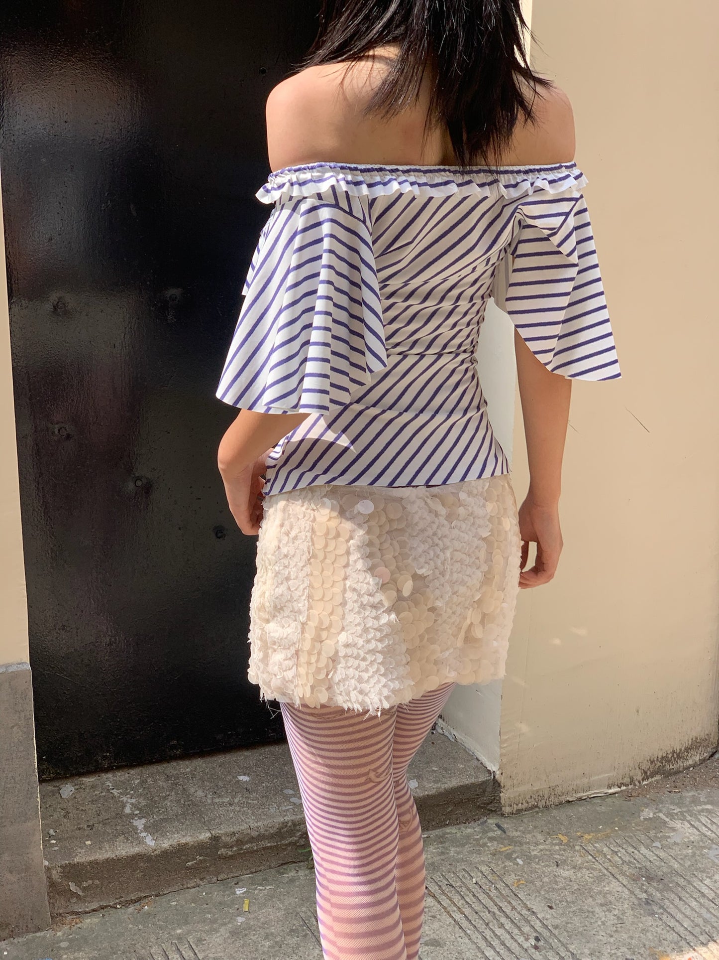 Navy style short-sleeved stretch top