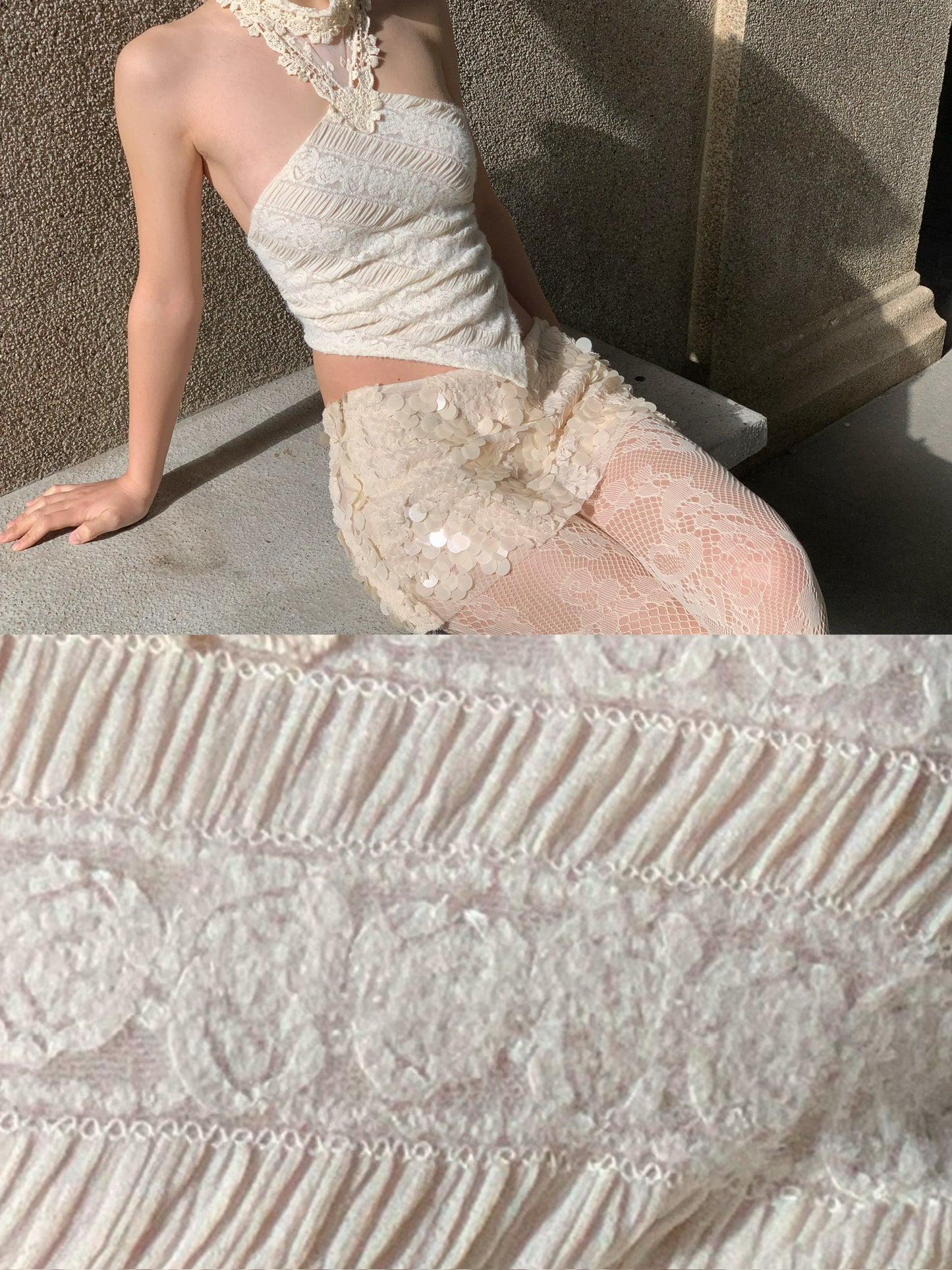 Vintage style lace around the neck, light white elastic neckband babydoll top