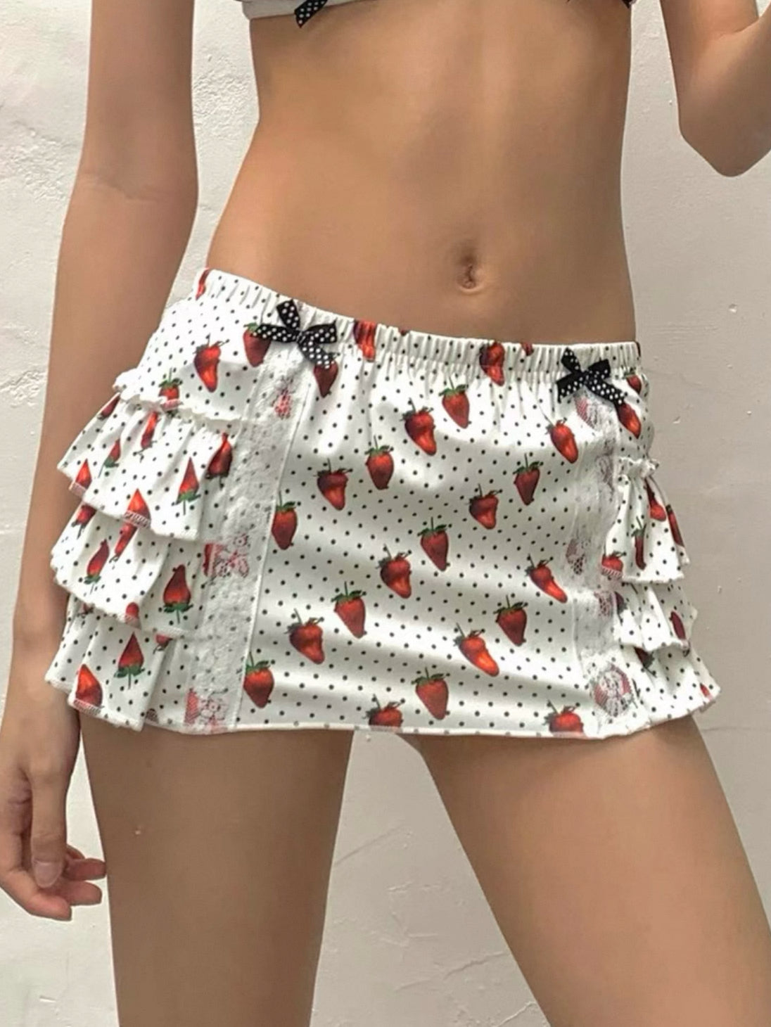 Strawberry polka dot printed swimsuit set  Bikini + Skirt
