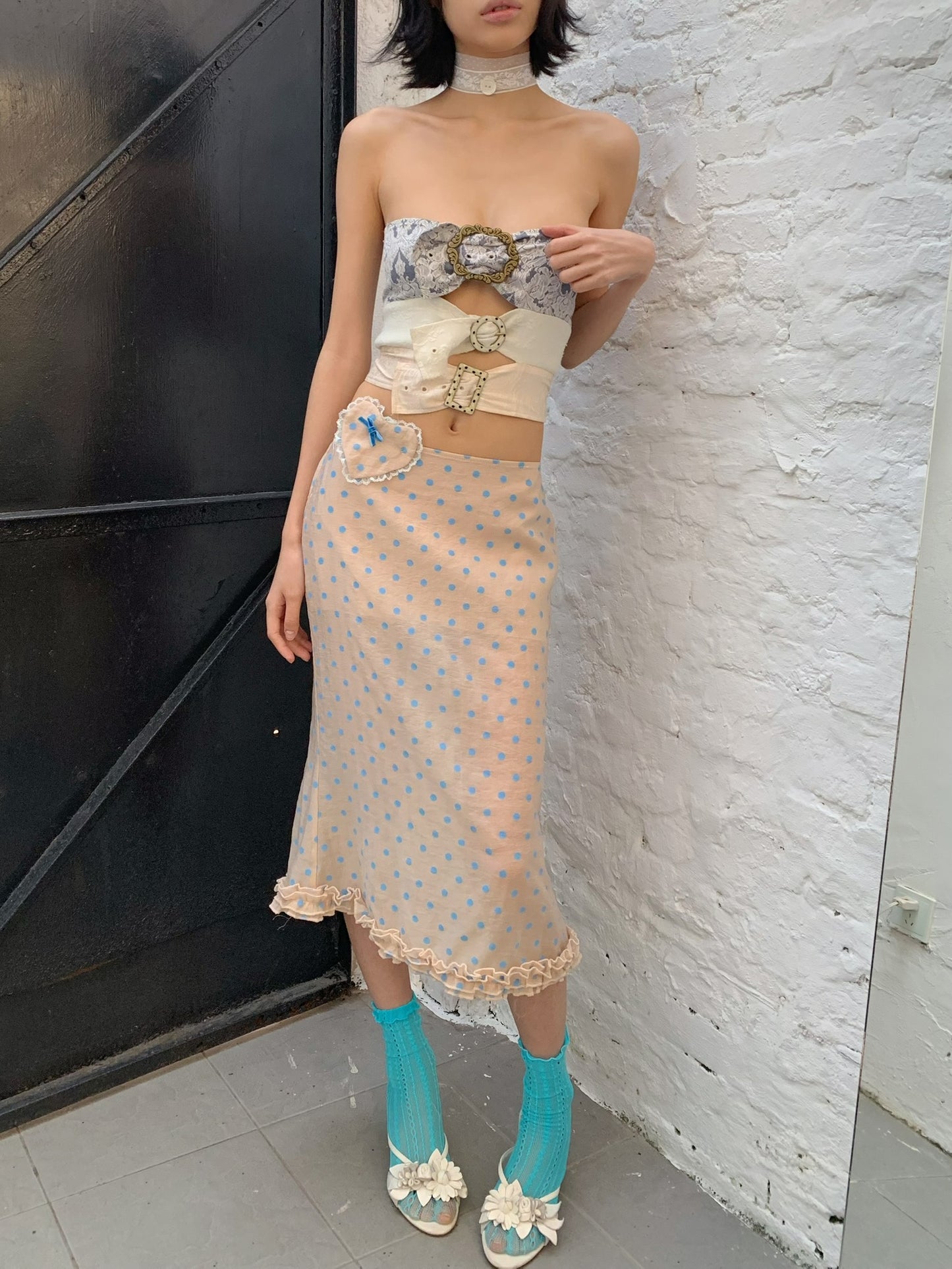 Baby blue polka dot original design tencel mid-length dress