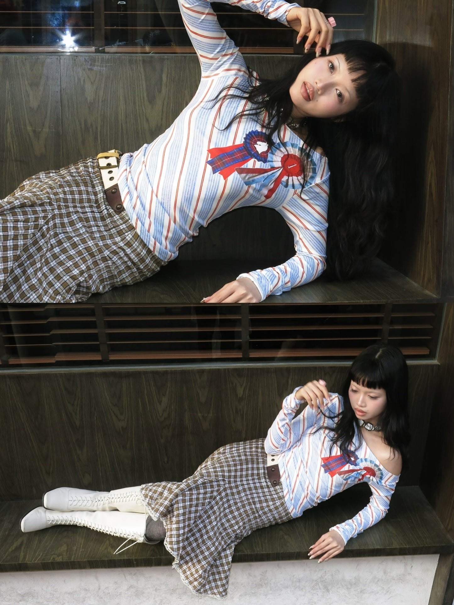 College style twill medal print long-sleeved top with stretch fabric