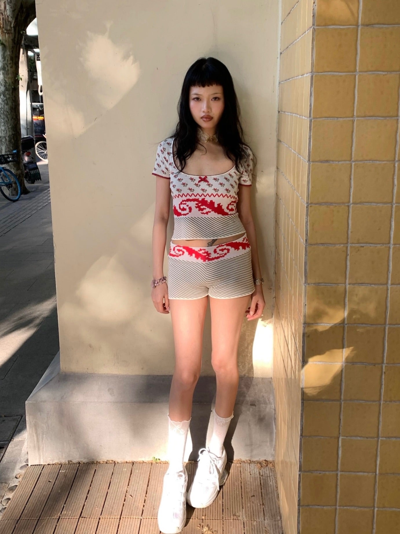 Red floral summer knit set - top + shorts