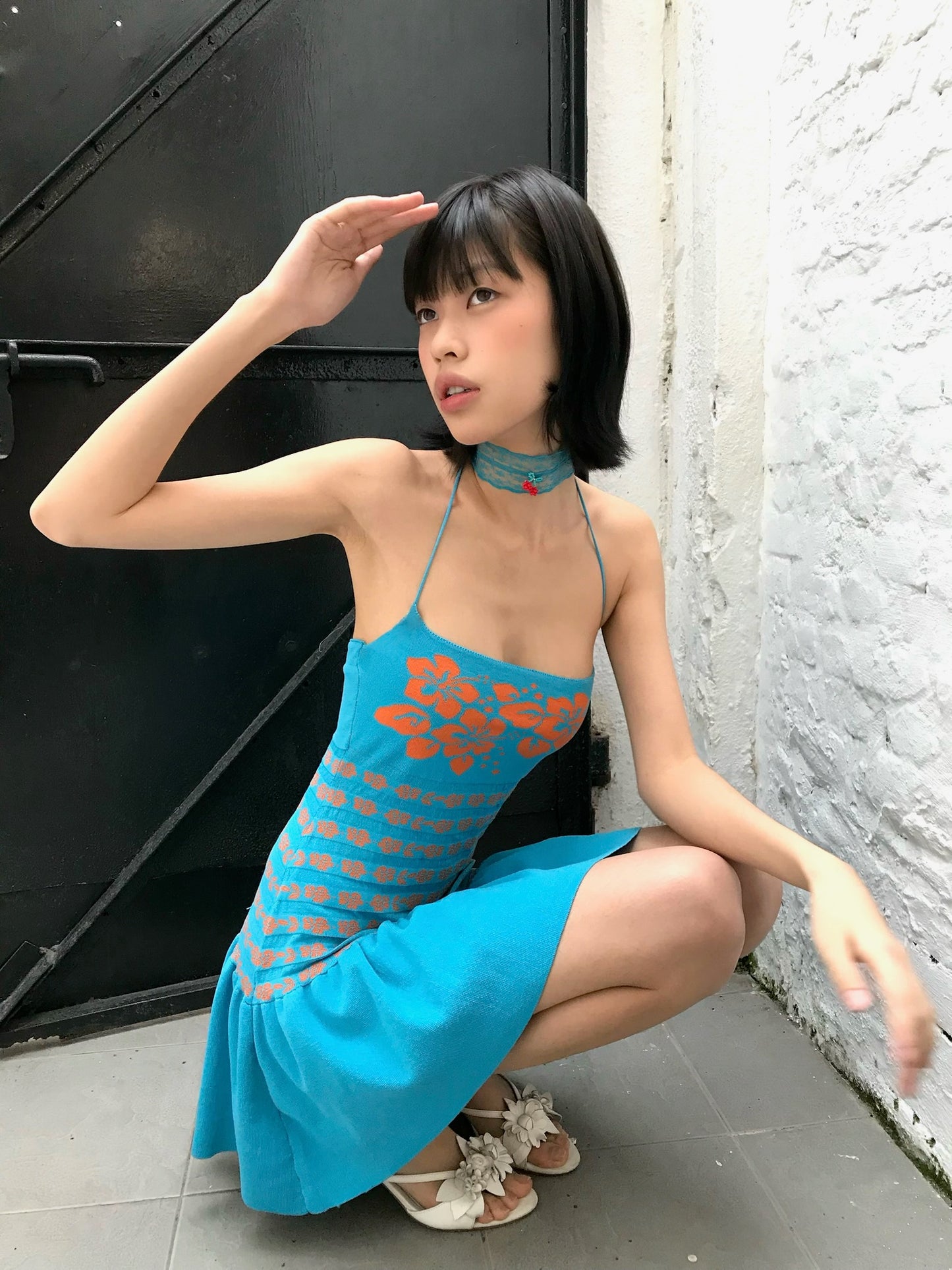 Blue jacquard flower original design slim-fitting elasticated knitted dress