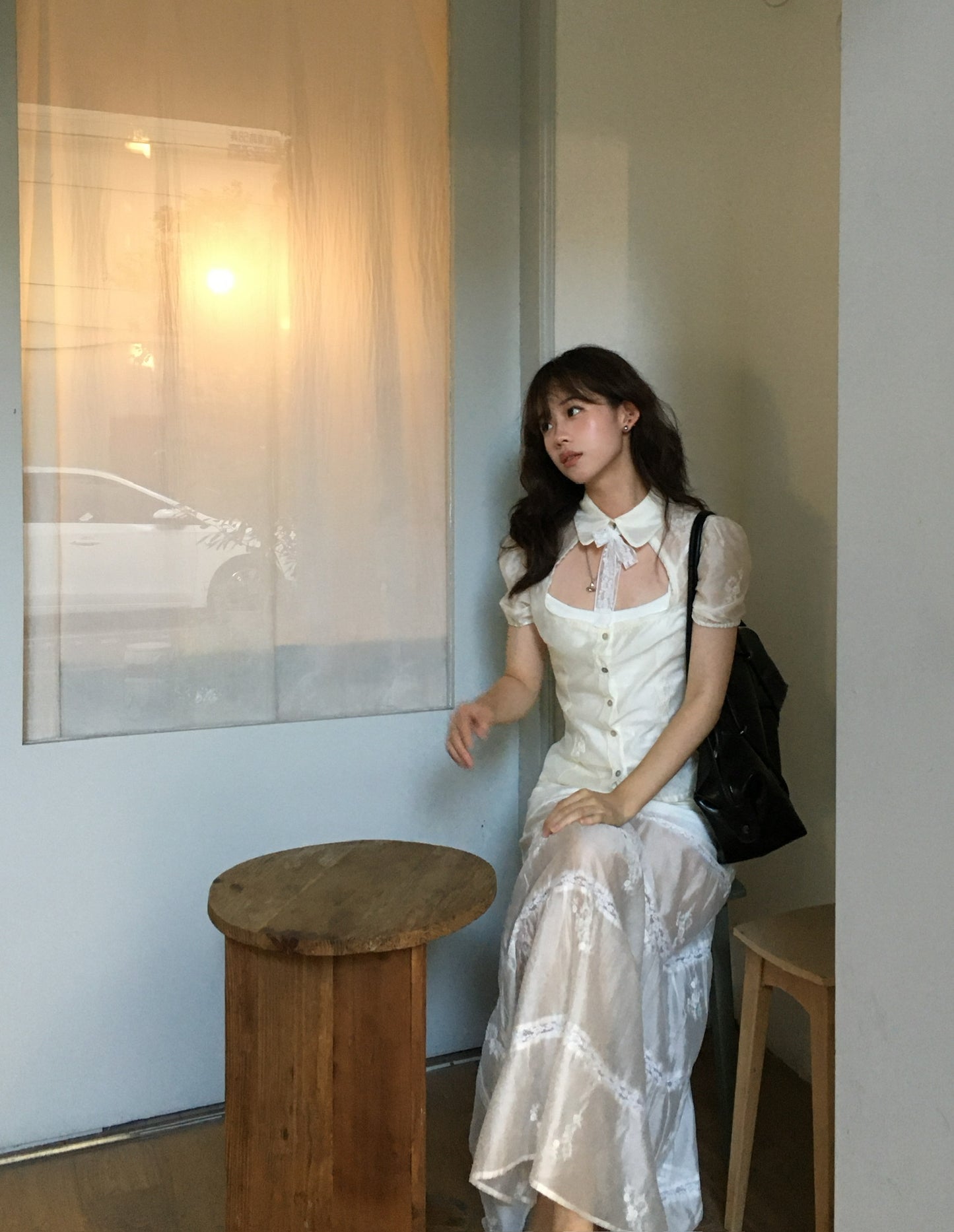 White lace cute Tencel cotton A-line skirt longer version