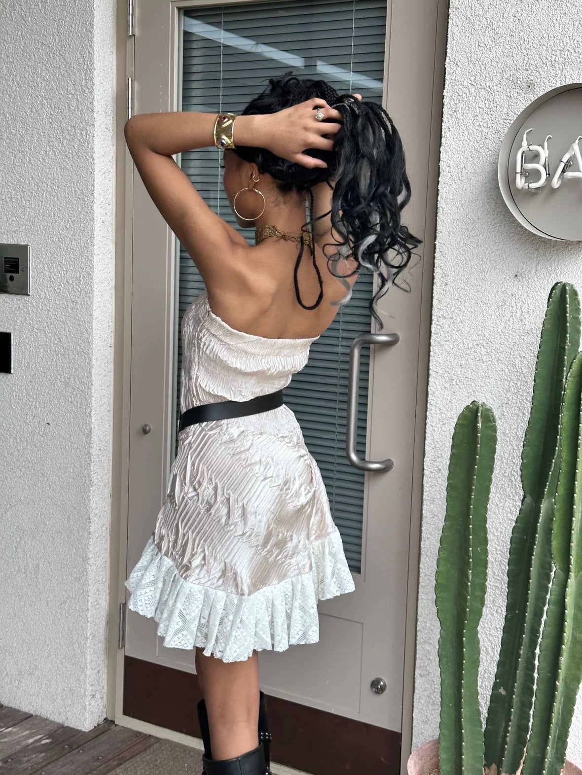 Girly pink pleated stretch lace lotus asymmetrical hem cute skirt/dress