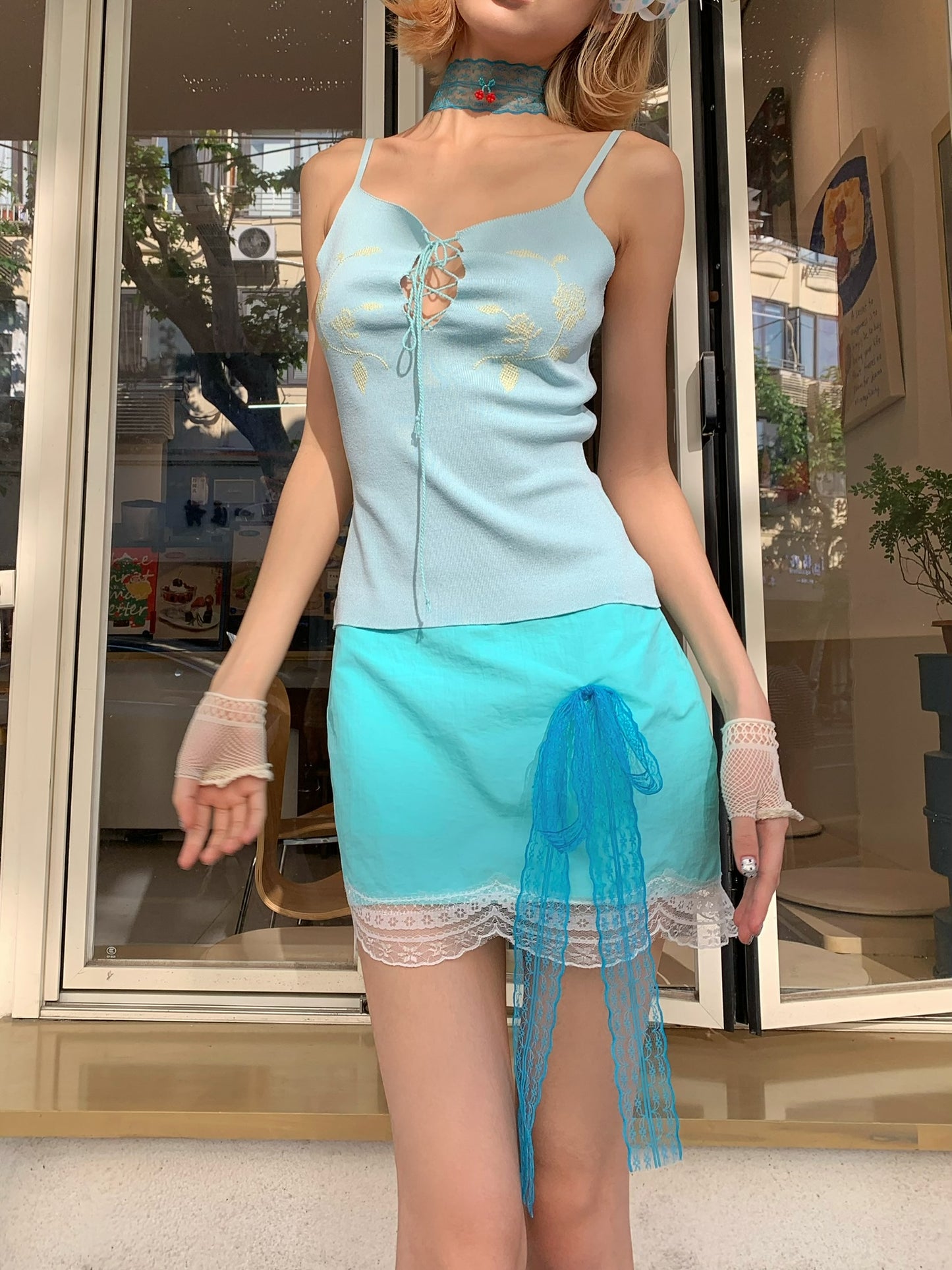 Aqua green lace short skirt - lace short low-waist skirt