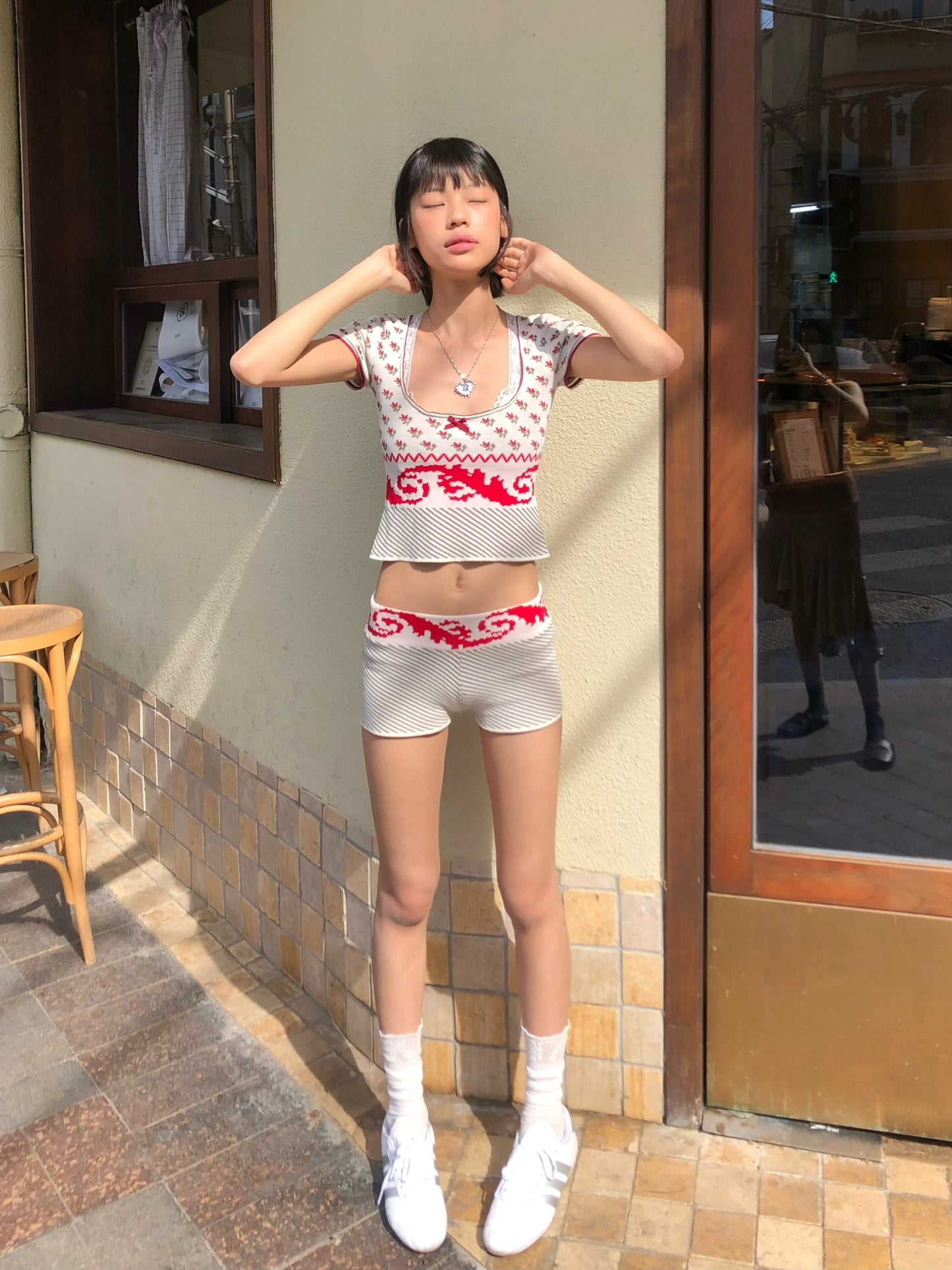 Red floral summer knit set - top + shorts