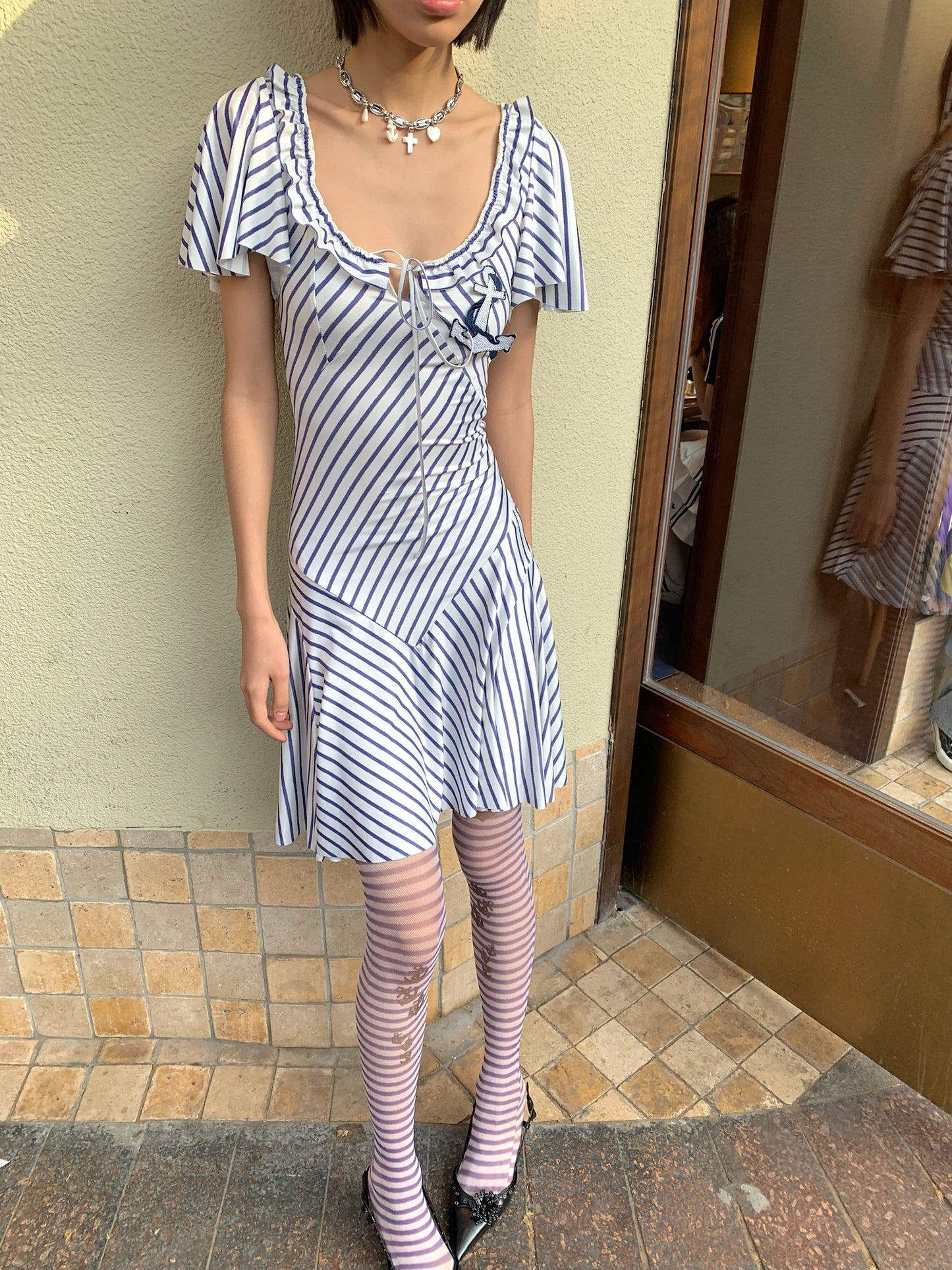 Navy style sailing style playful wide sleeves and large skirt hem elasticated dress