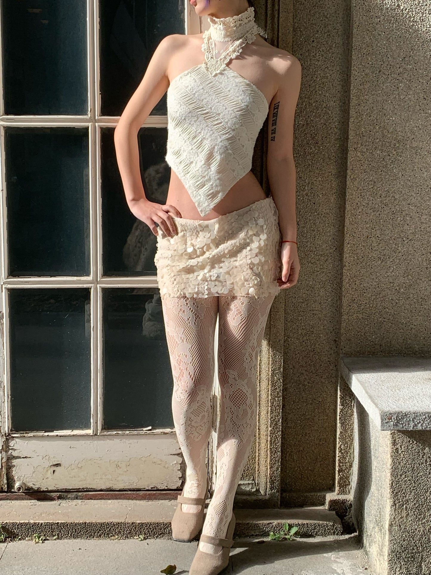 Vintage style lace around the neck, light white elastic neckband babydoll top