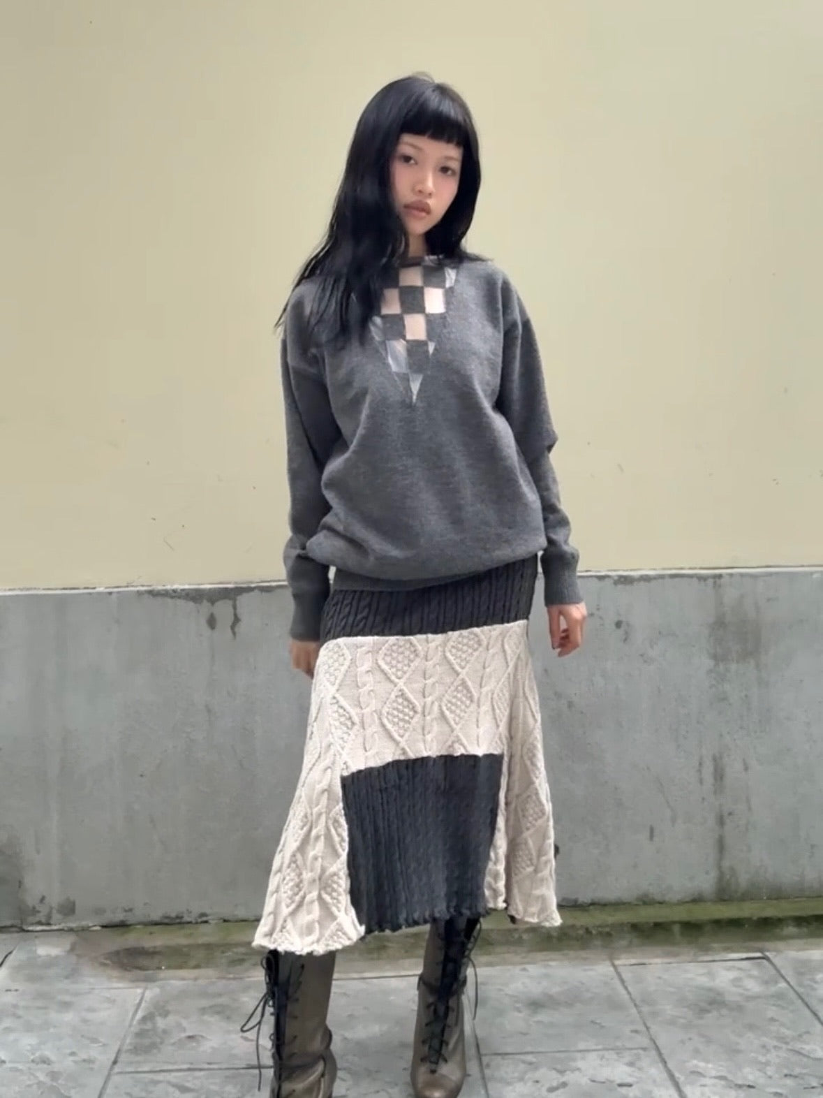 Original patchwork knitted stretch slimming design top + half skirt （can be bought separately