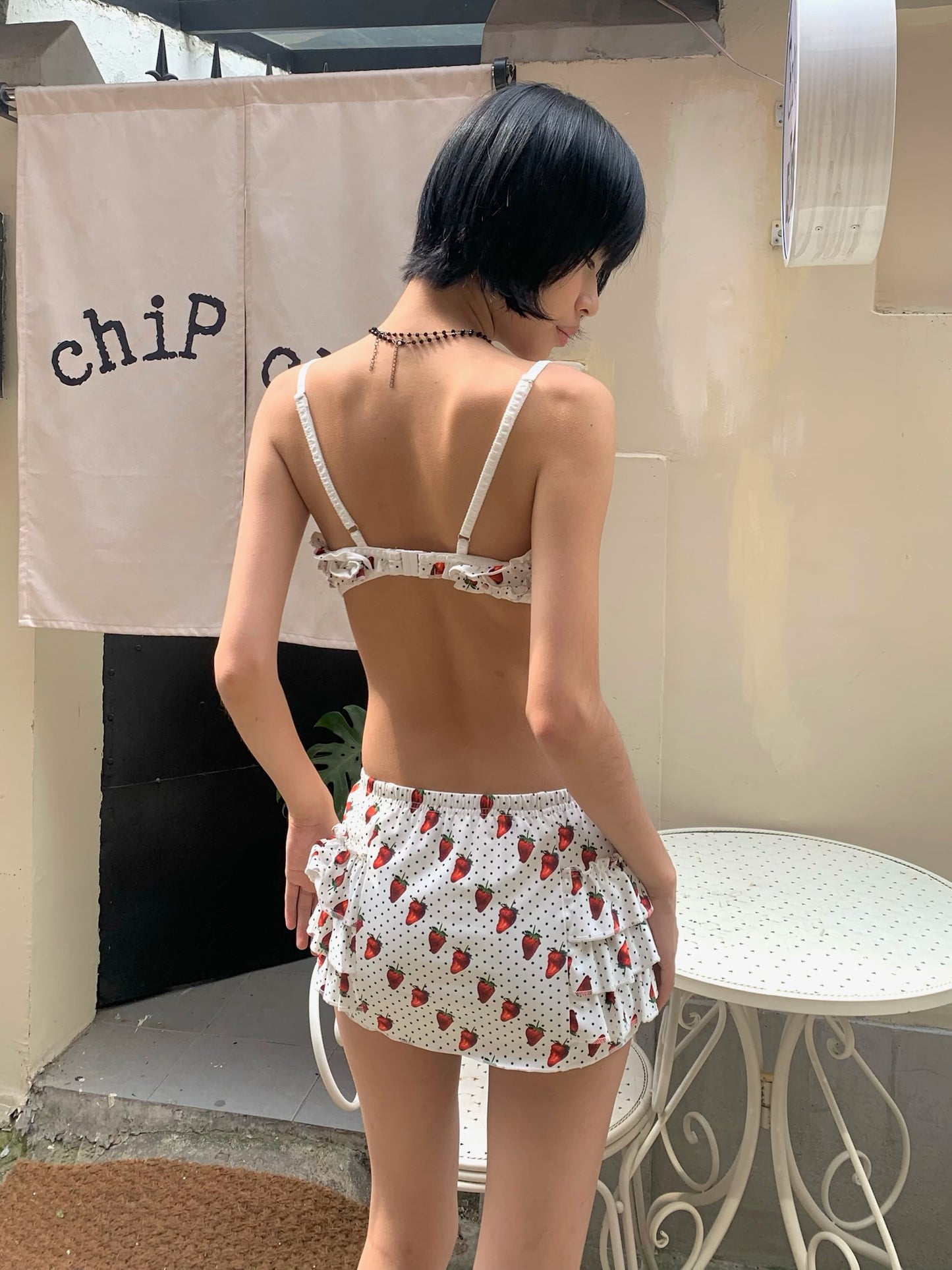 Strawberry polka dot printed swimsuit set  Bikini + Skirt