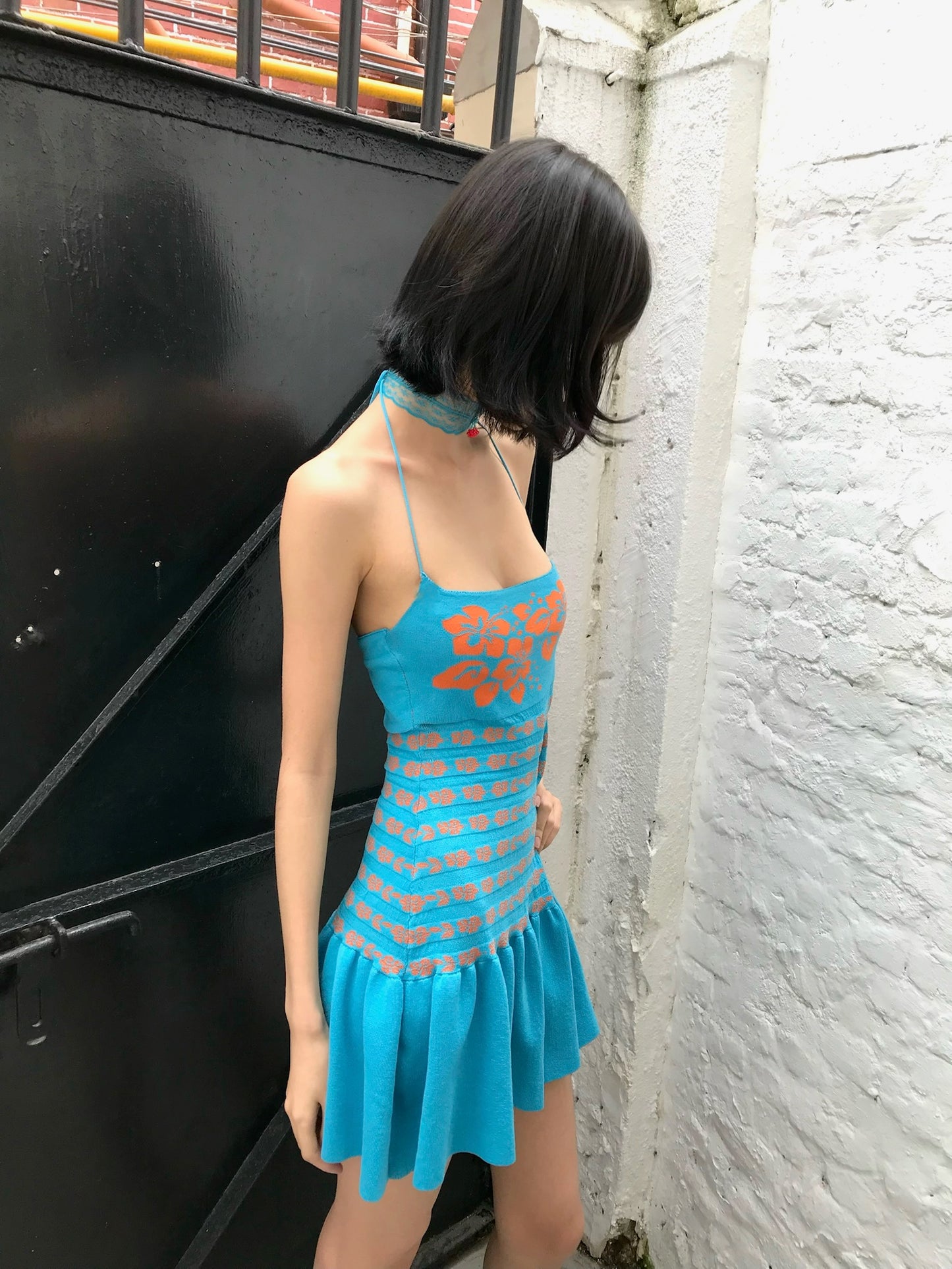 Blue jacquard flower original design slim-fitting elasticated knitted dress