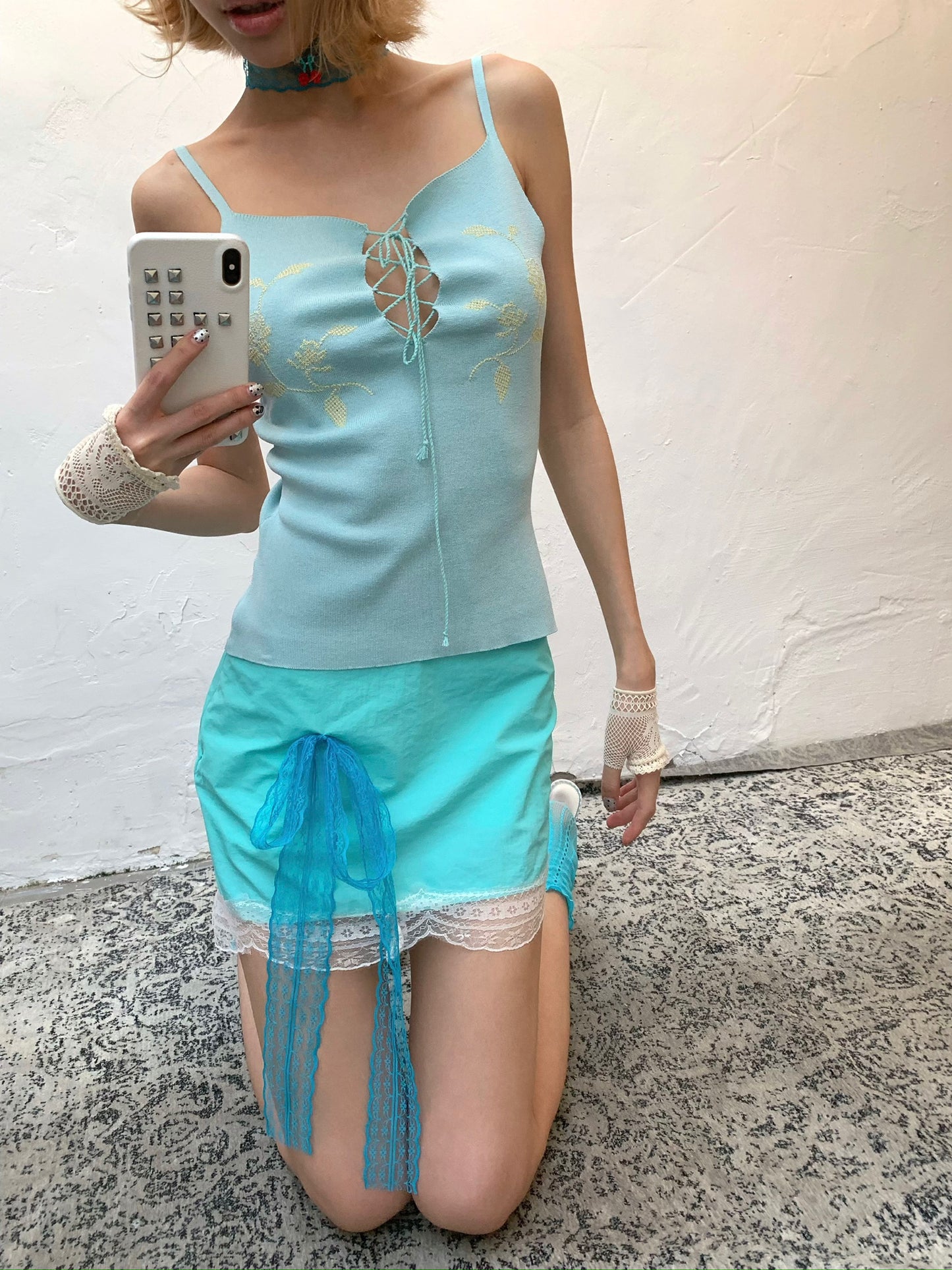 Aqua green lace short skirt - lace short low-waist skirt