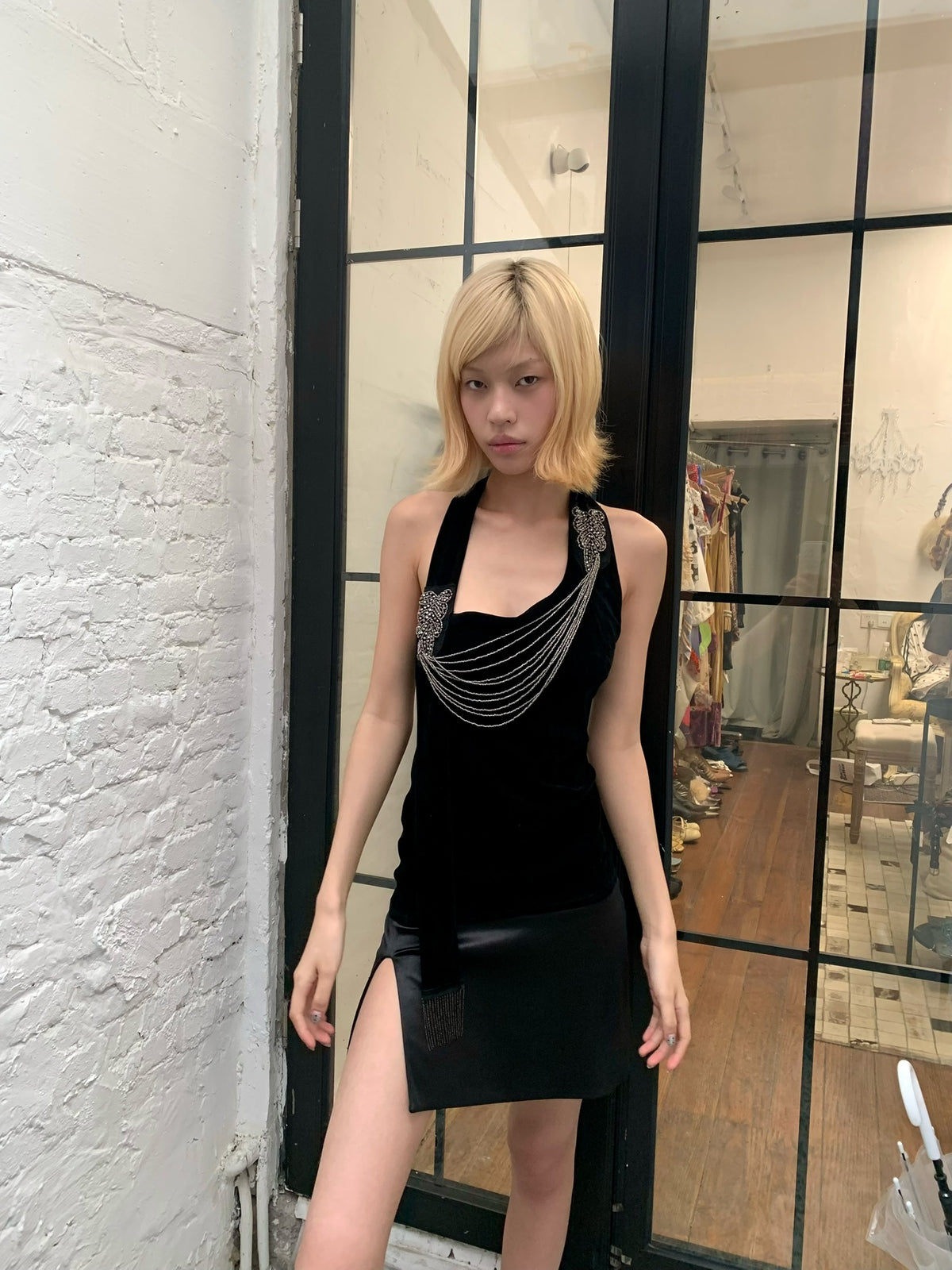 Black Silver Waterfall - Black Velvet mesh Elegant Elasticated Blouse top