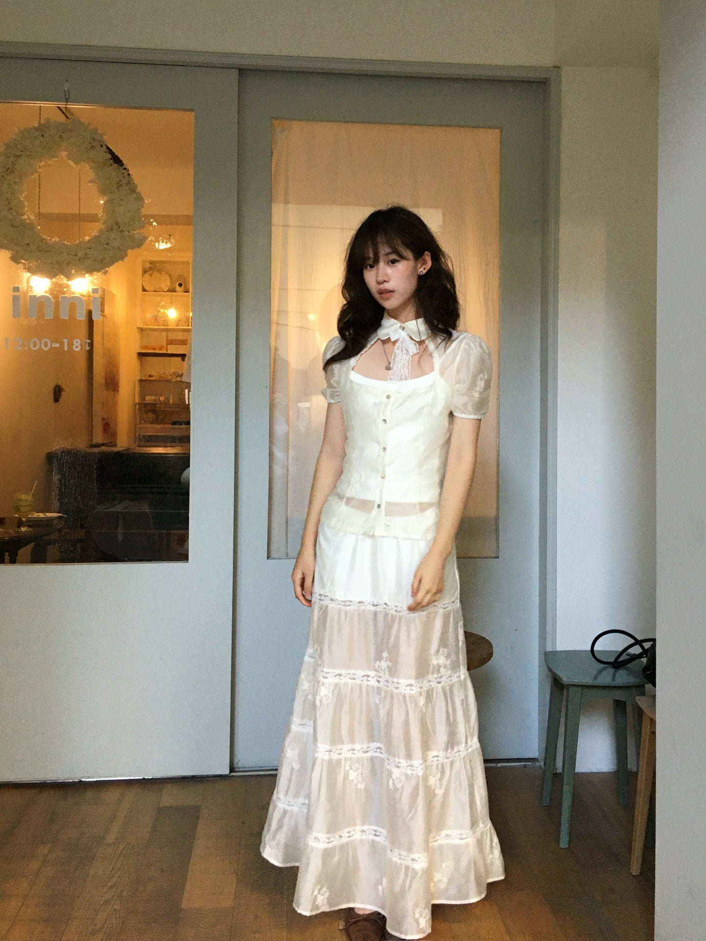 White lace cute Tencel cotton A-line skirt longer version