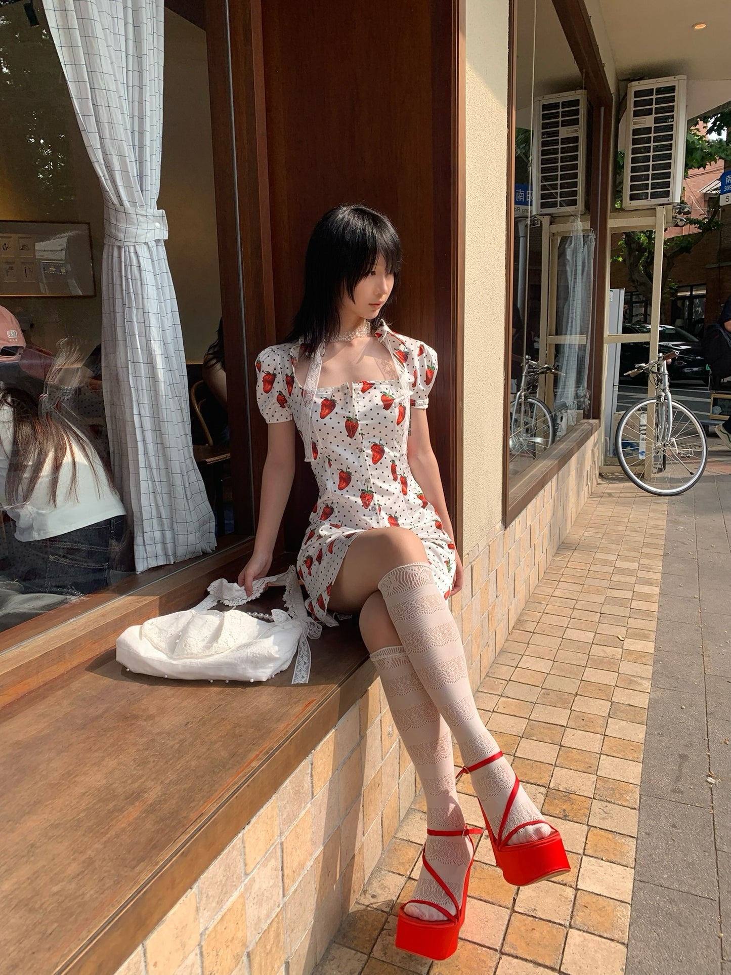 Strawberry polka dot cupcakes. Original printed bubble sleeve satin dress