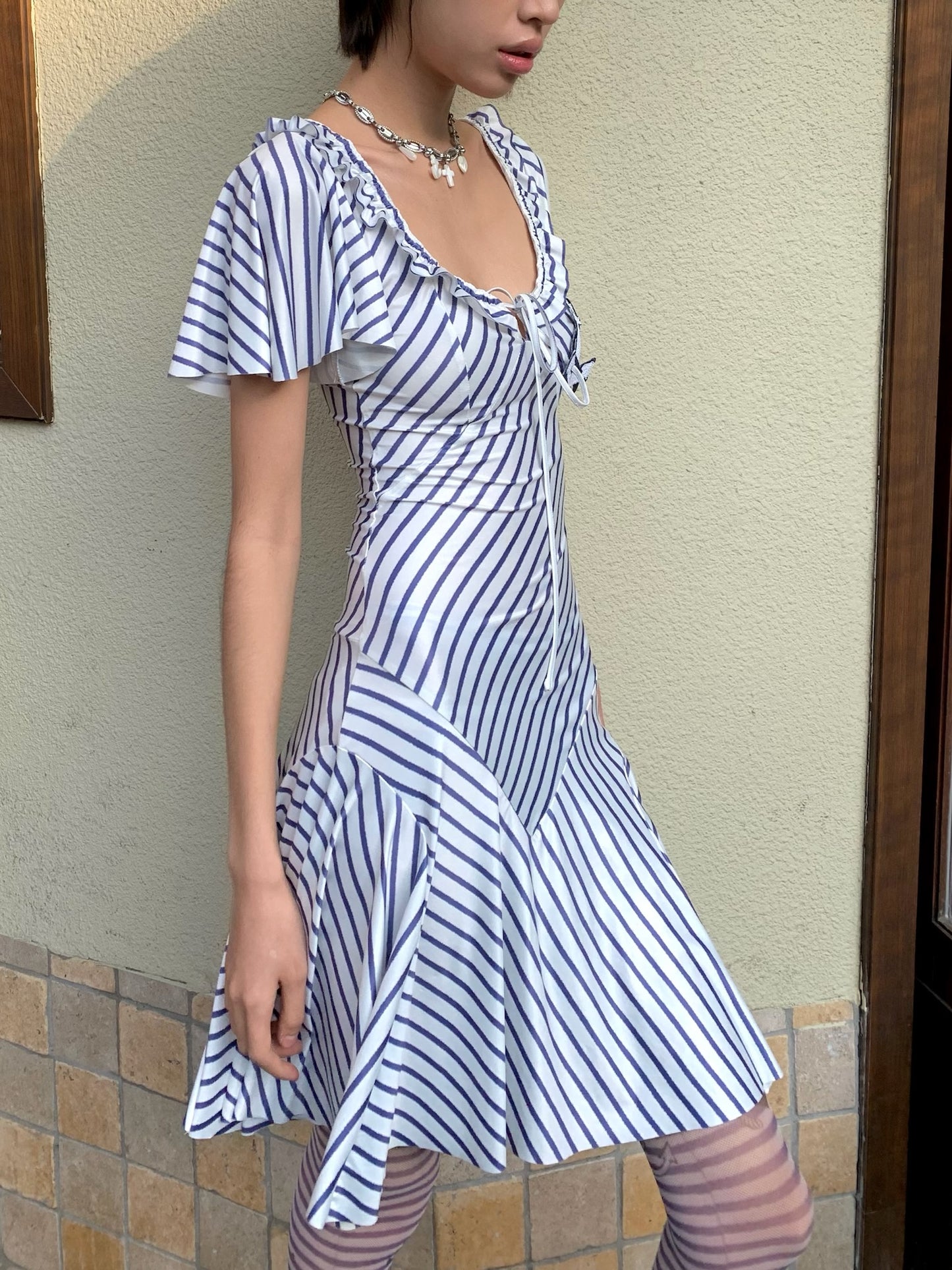 Navy style sailing style playful wide sleeves and large skirt hem elasticated dress