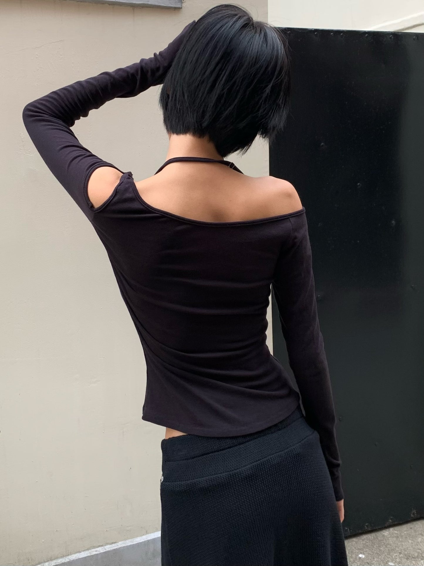 High-quality Tencel and Australian wool off-the-shoulder versatile long-sleeved top Black