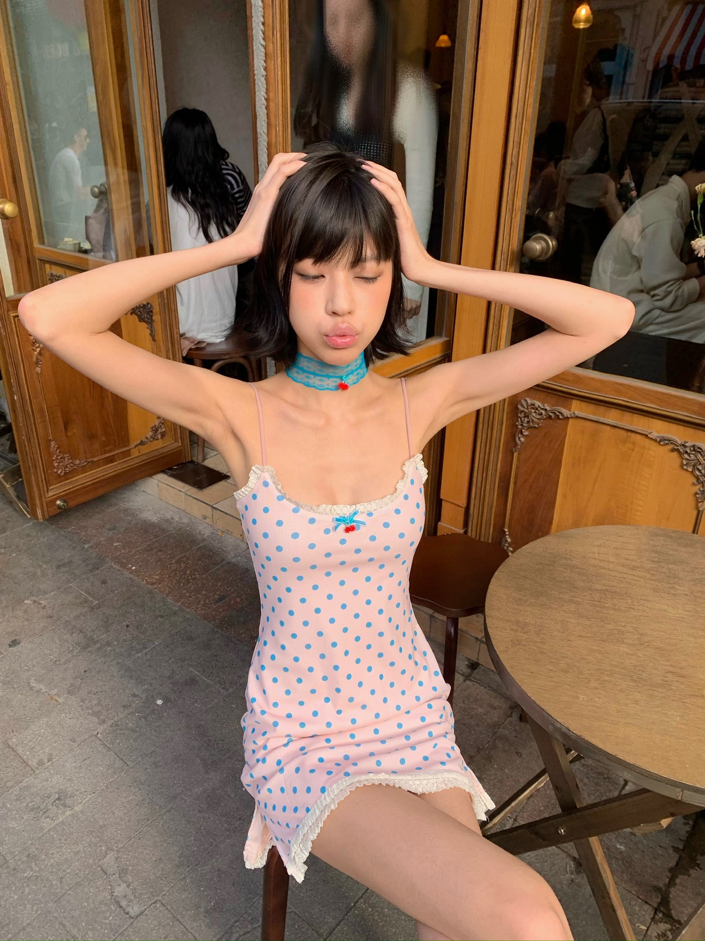 Candy polka dot dress pink stretch-fitting short dress