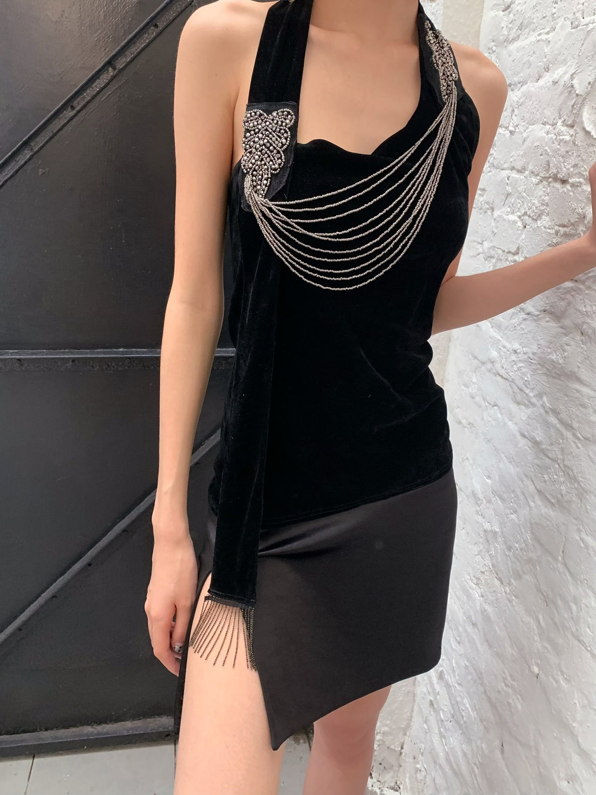 Black Silver Waterfall - Black Velvet mesh Elegant Elasticated Blouse top