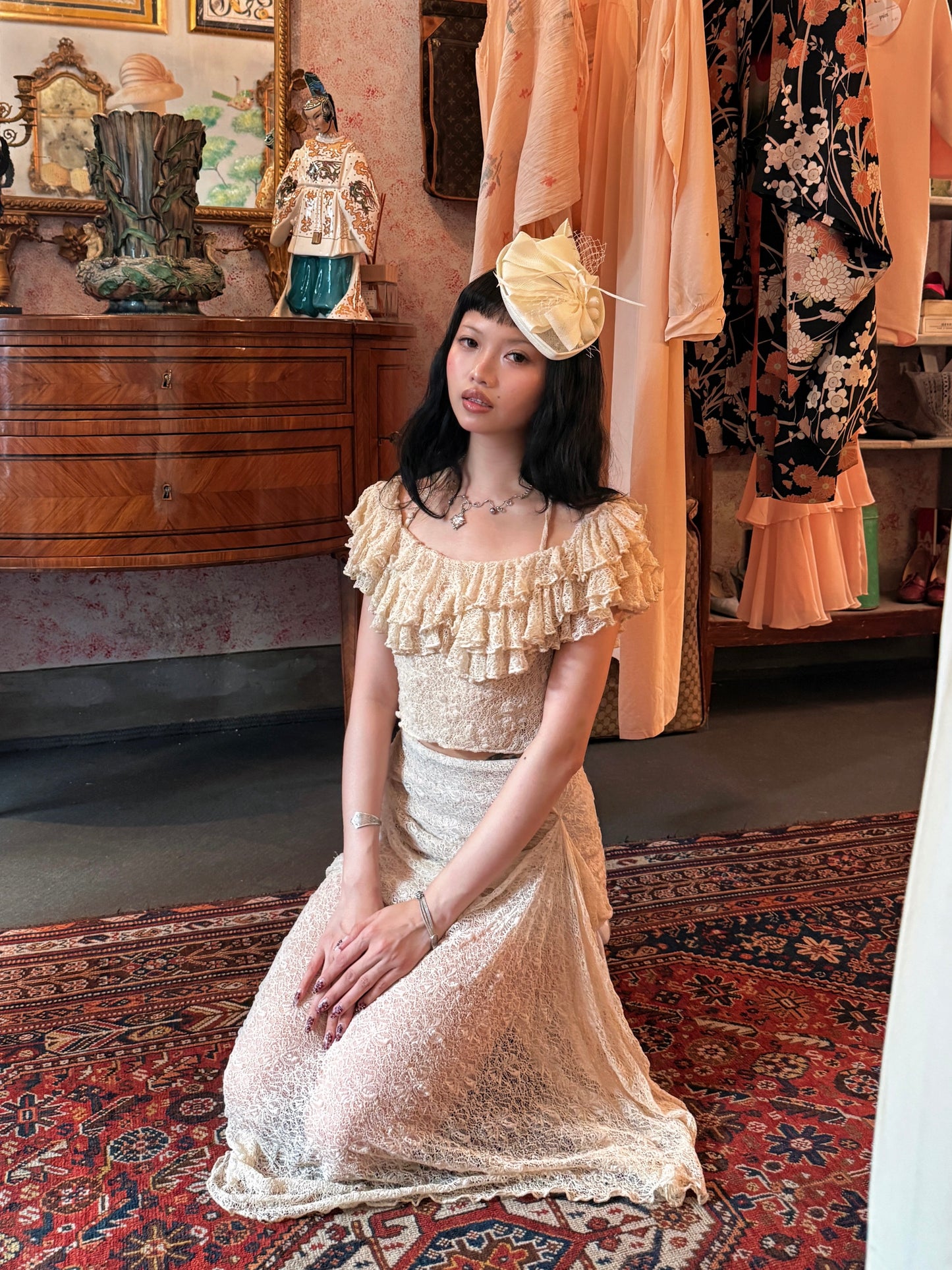 lace ruffled off-shoulder top + skirt set. Can be purchased separately