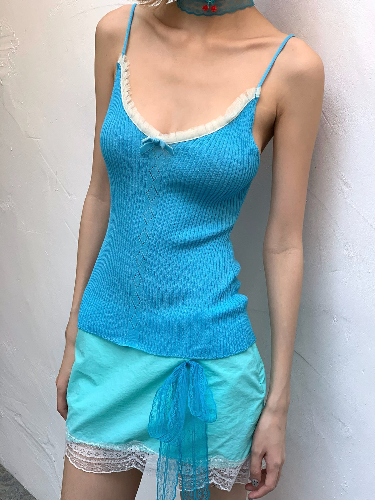 Lake Blue / light purple Sweet lace velvet bow knitted stretchy top