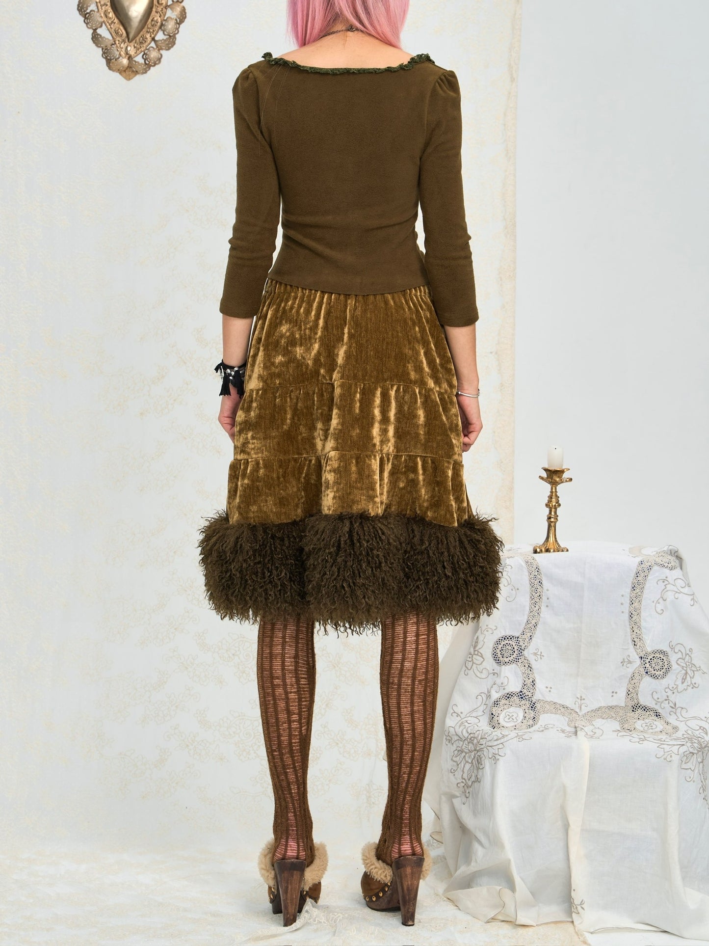 Shagreen green velvet-effect corduroy patchwork faux fur A-line skirt