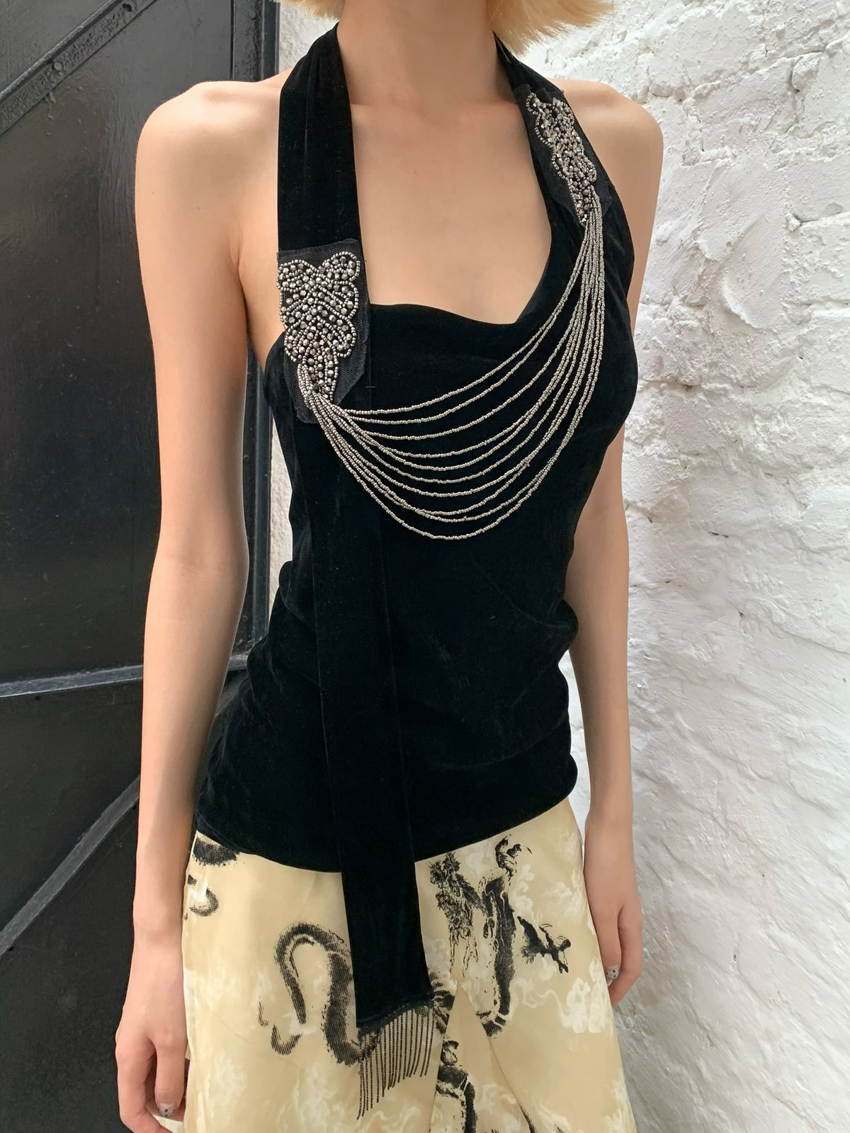 Black Silver Waterfall - Black Velvet mesh Elegant Elasticated Blouse top