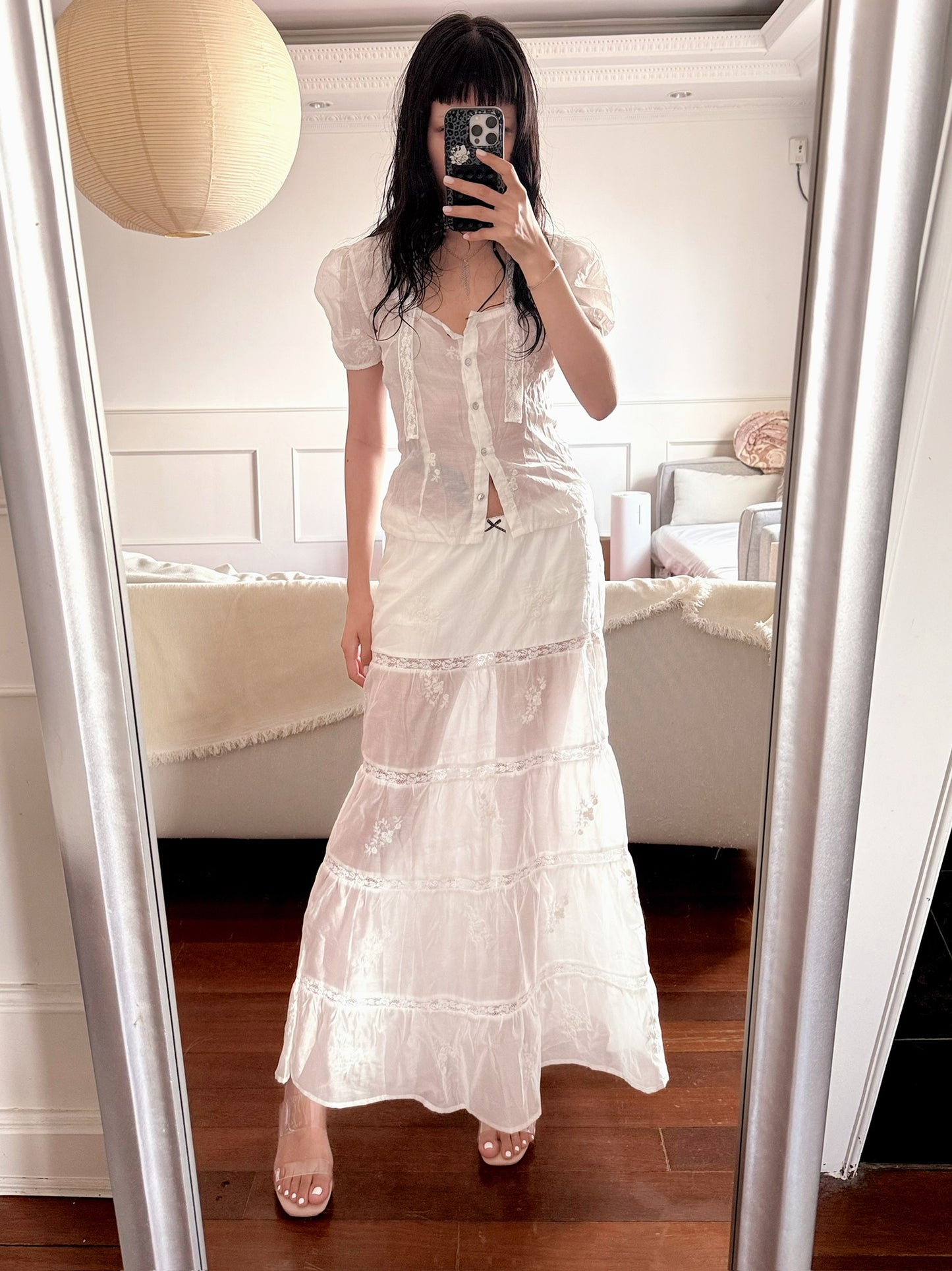White lace cute Tencel cotton A-line skirt longer version