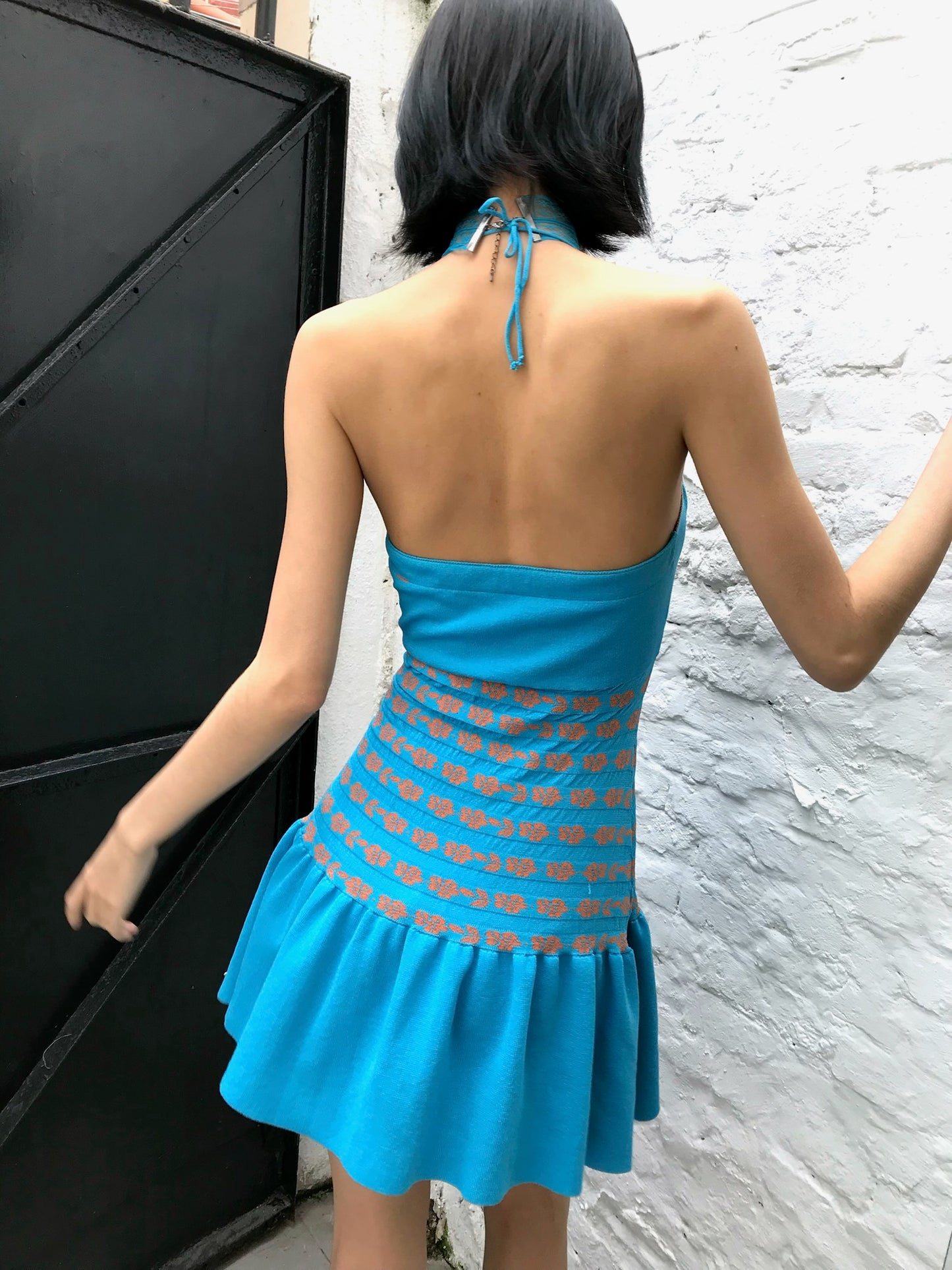 Blue jacquard flower original design slim-fitting elasticated knitted dress