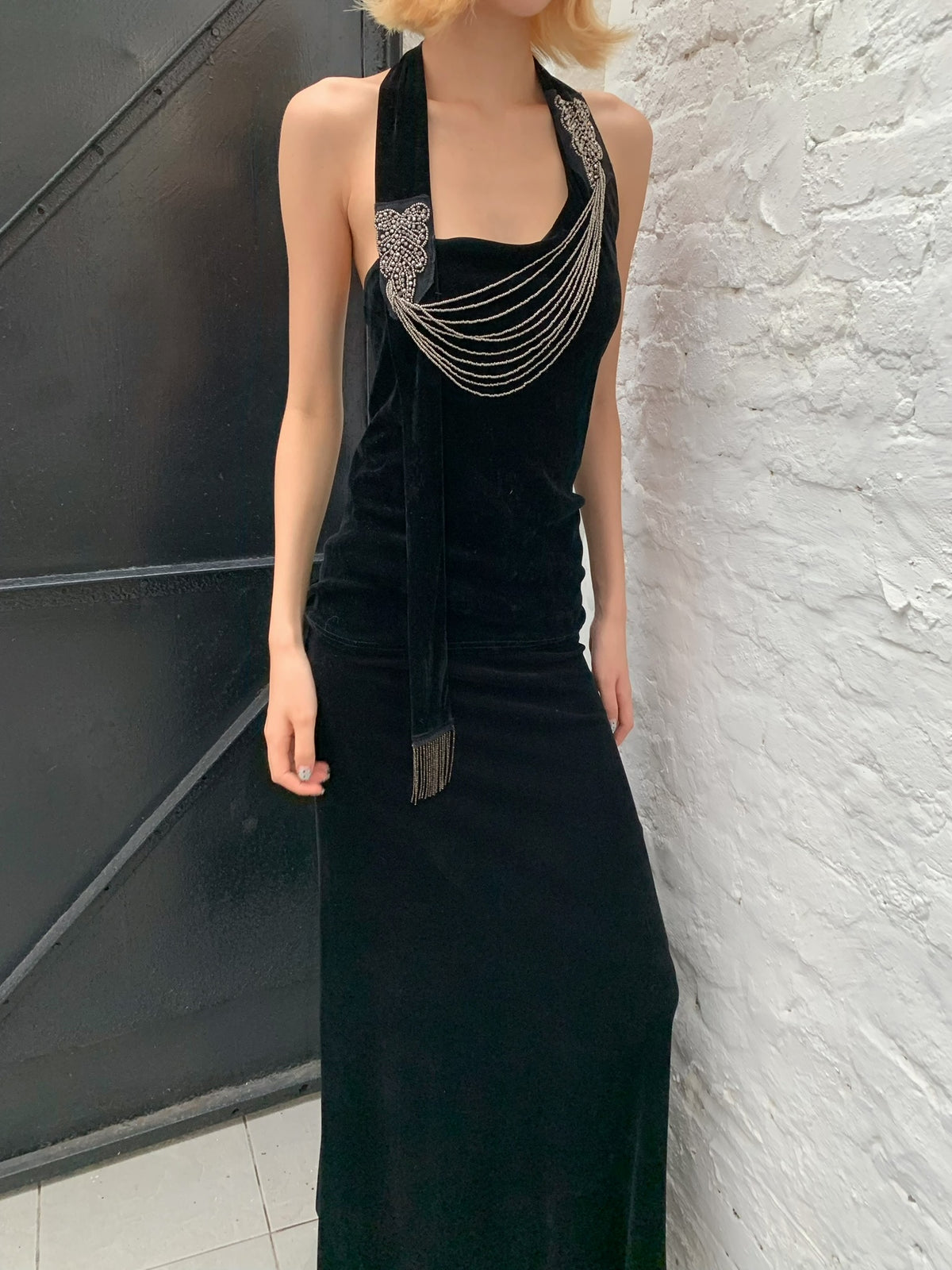 Black Silver Waterfall - Black Velvet mesh Elegant Elasticated Blouse top