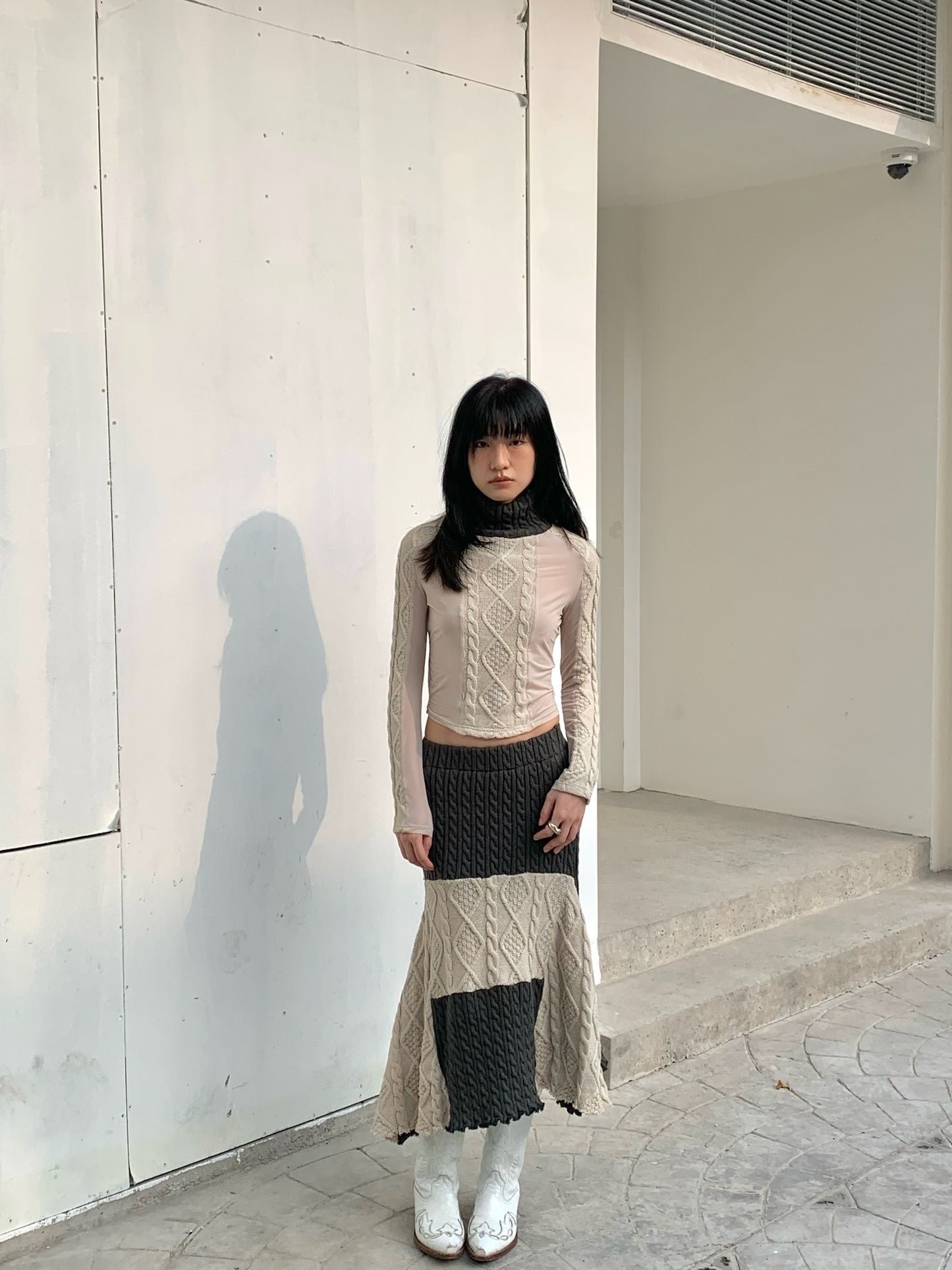 Original patchwork knitted stretch slimming design top + half skirt （can be bought separately