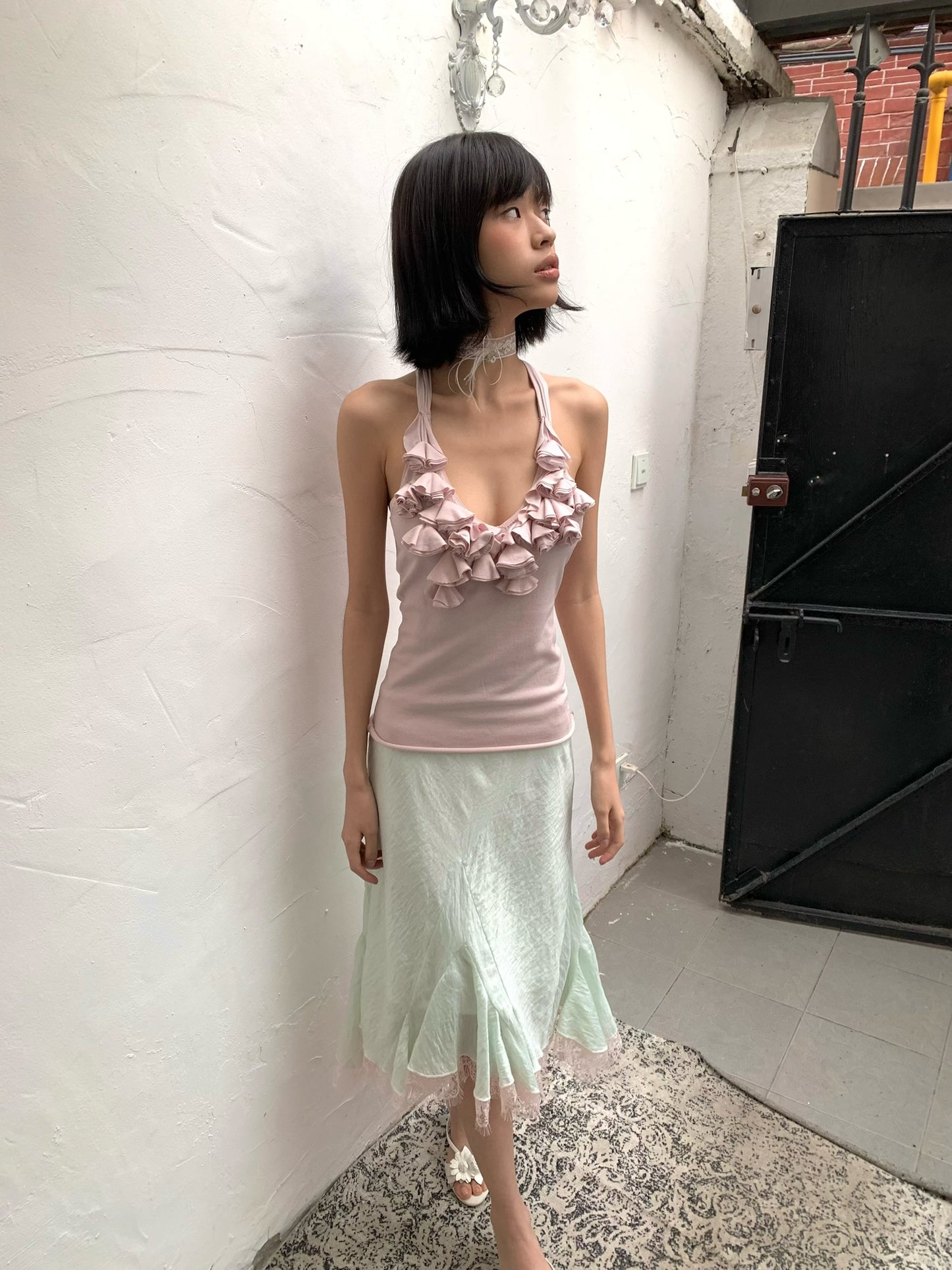 Mint green patched light pink lace flared chiffon skirt with a flowing hem