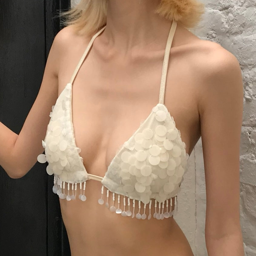 Beige sequined fringed bikini swimsuit（Can be purchased separately as the top）