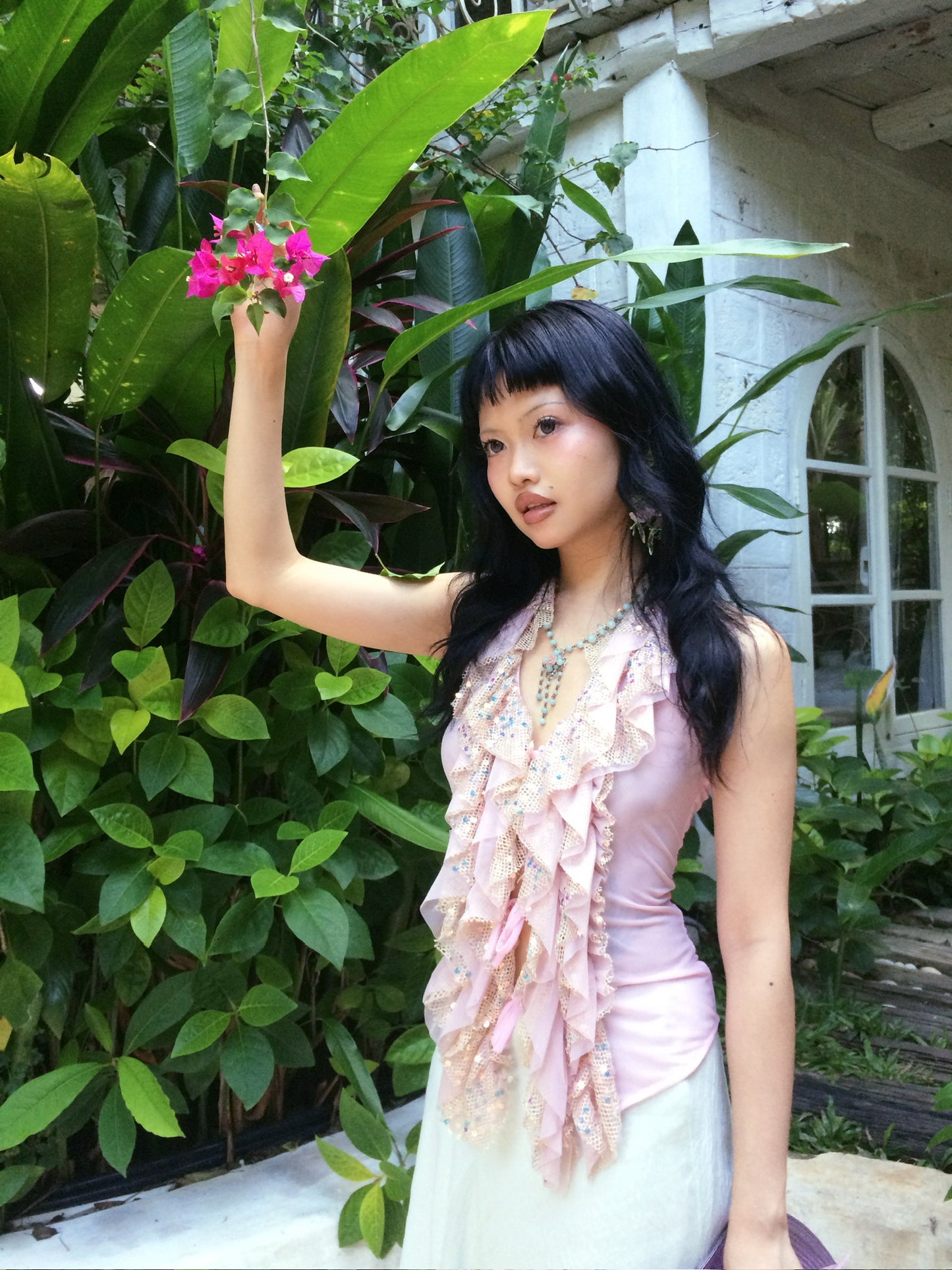 Pink glittering sequin ruffled halter strap original design top